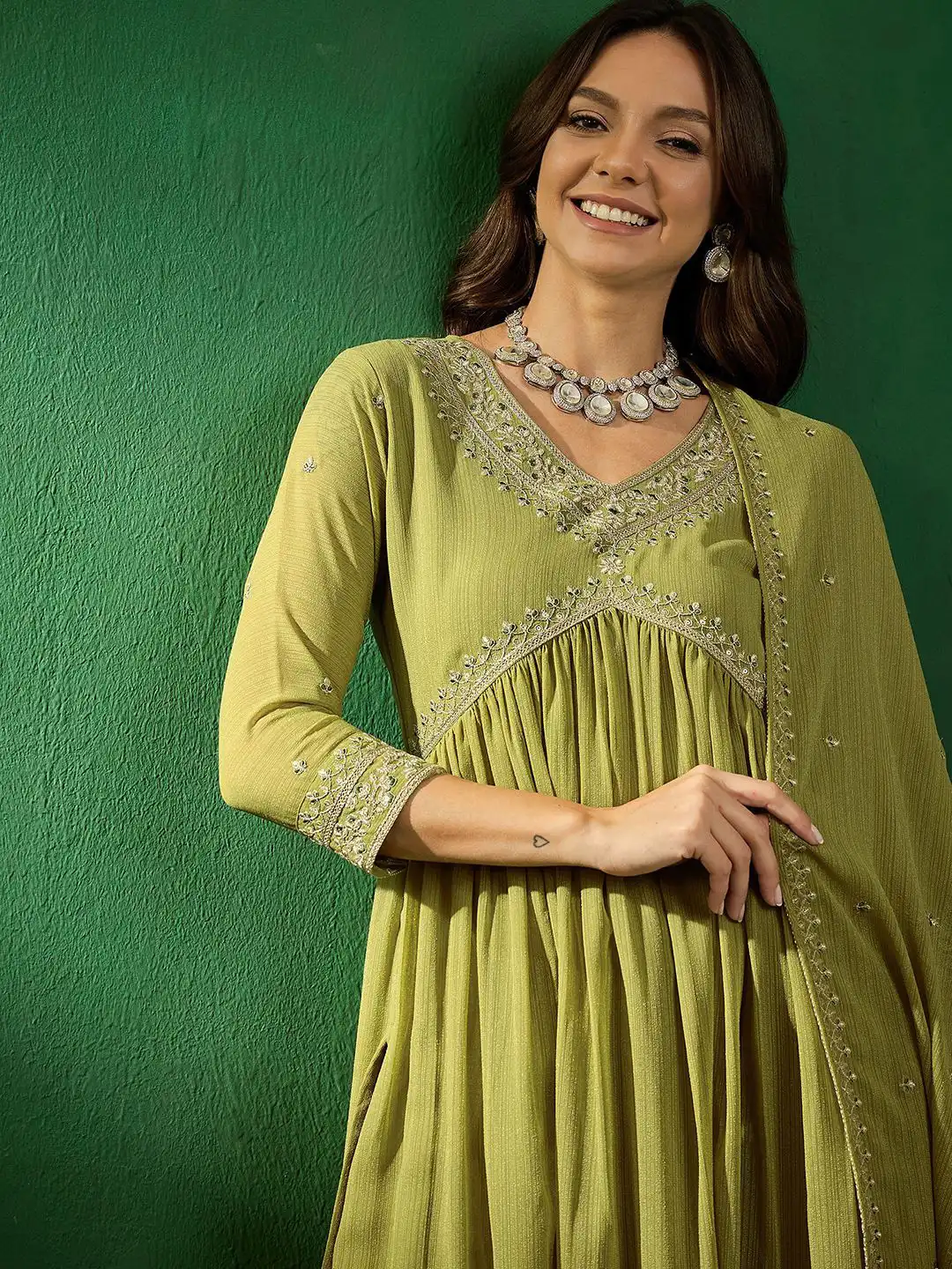 alia cut dress myntra Buy Sangria Alia Cut Floral Printed Mirror Work Pure Cotton A Line Kurta With Trousers & Dupatta - Kurta Sets for Women 25796902