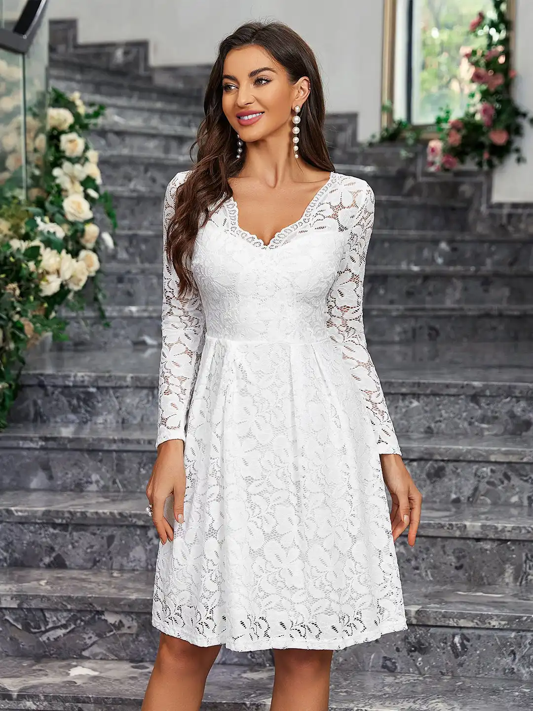 Buy bebe White Lace V-Neck Full Sleeves Fit & Flare Knee Length Dress -  Dresses for Women 29888769 | Myntra