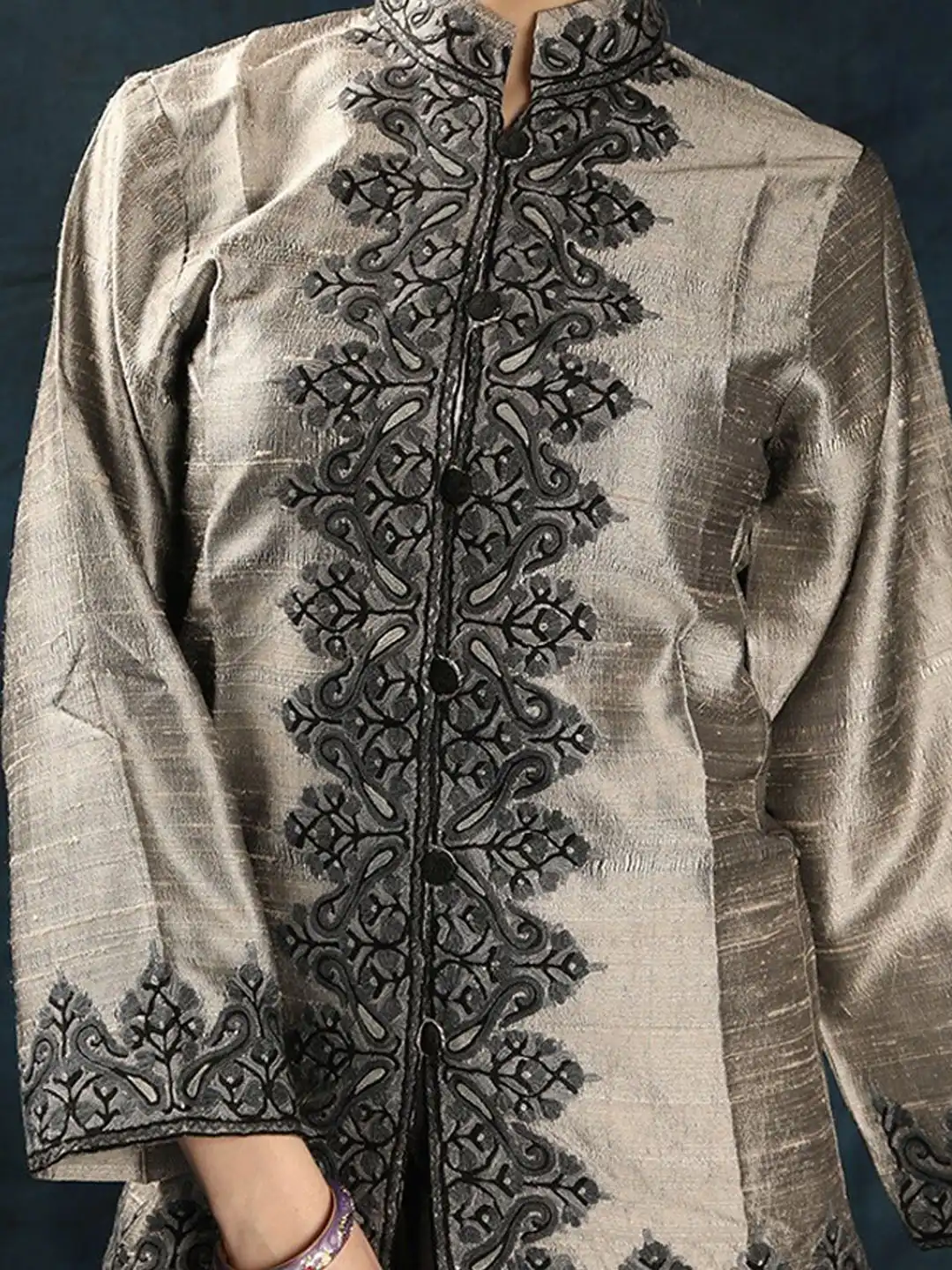 Buy Exotic India Flint Gray Pure Silk Kashmiri Short Jacket with
