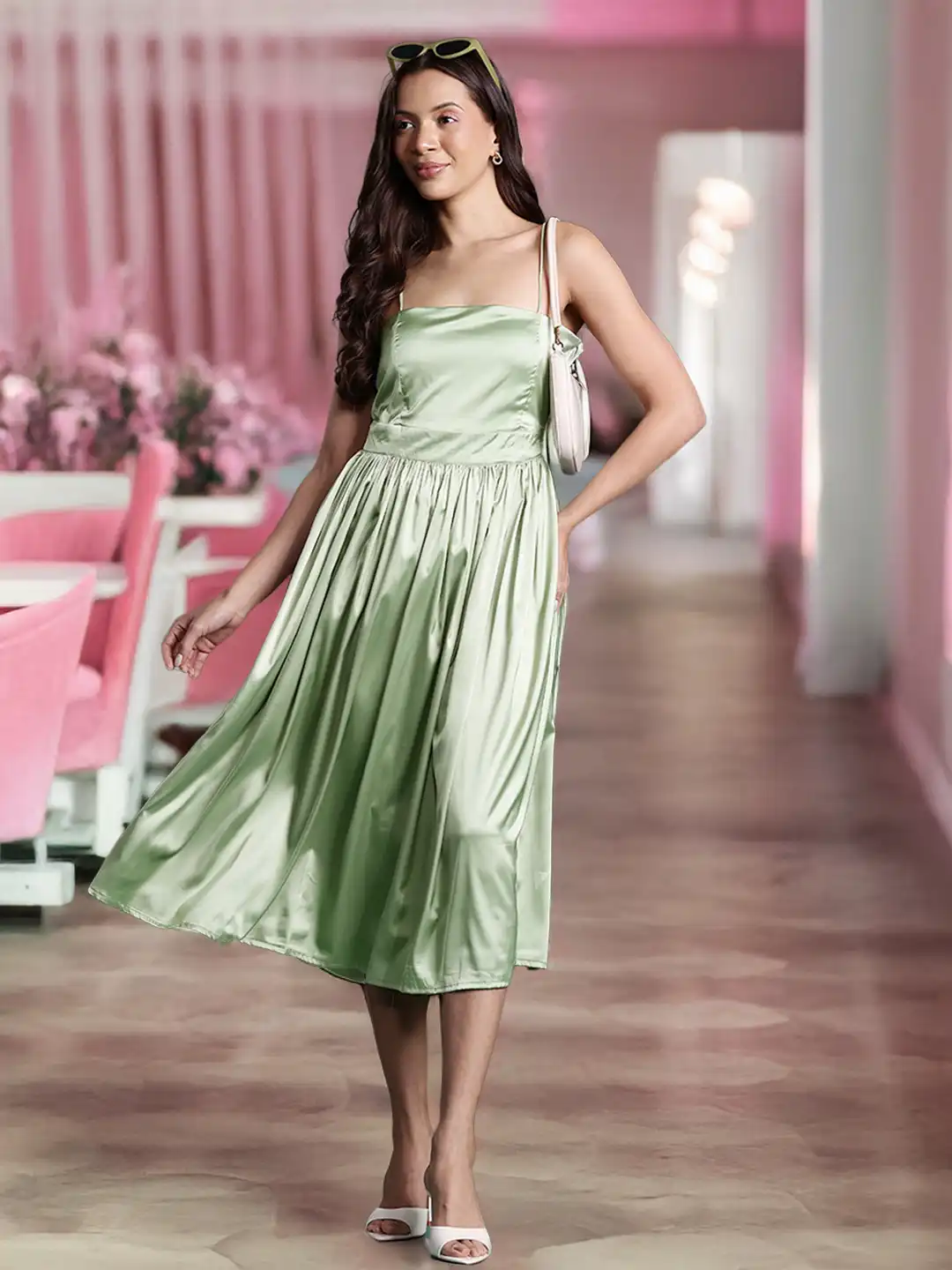satin fit and flare midi dress Sheer Style Low Back Fit And Flare Mini Dress
