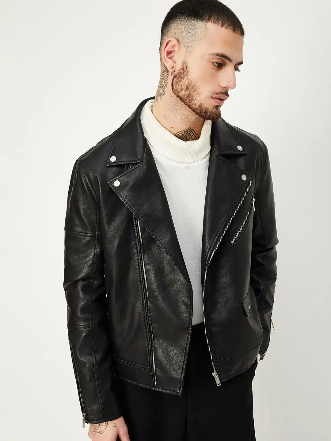 Buy max Men Polyester Crop Biker Jacket with Patchwork - Jackets