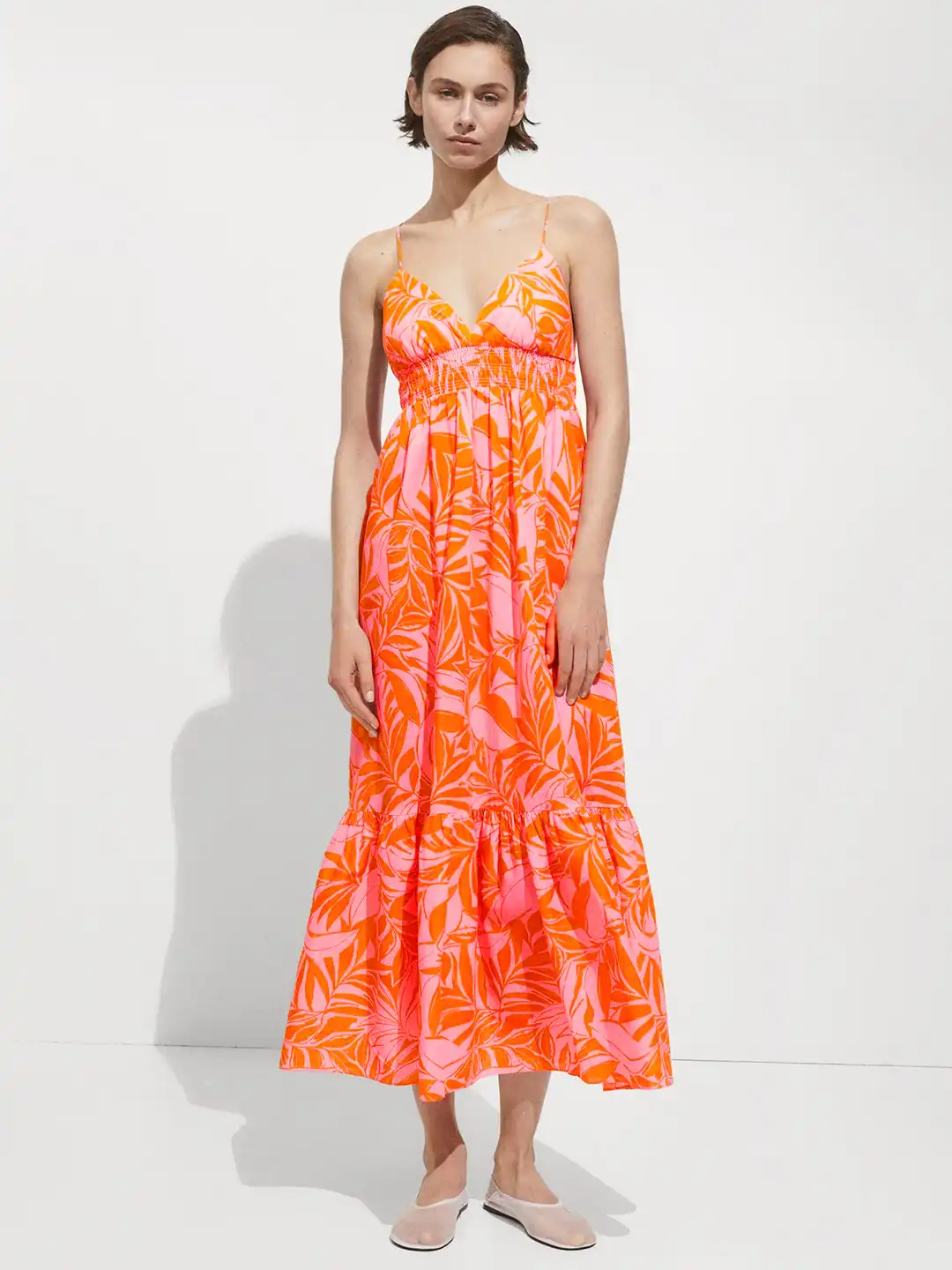 Buy MANGO Tropical Print Pure Cotton Smocked Detail Shoulder Straps Empire  Midi Dress - Dresses for Women 30001064 | Myntra