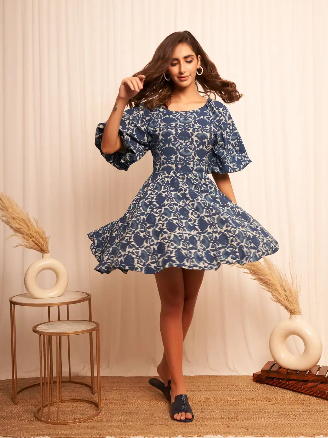 Buy Western Era Indigo Block Print Fit & Flare Dress With Diamond Cut Back  - Dresses for Women 30022210 | Myntra