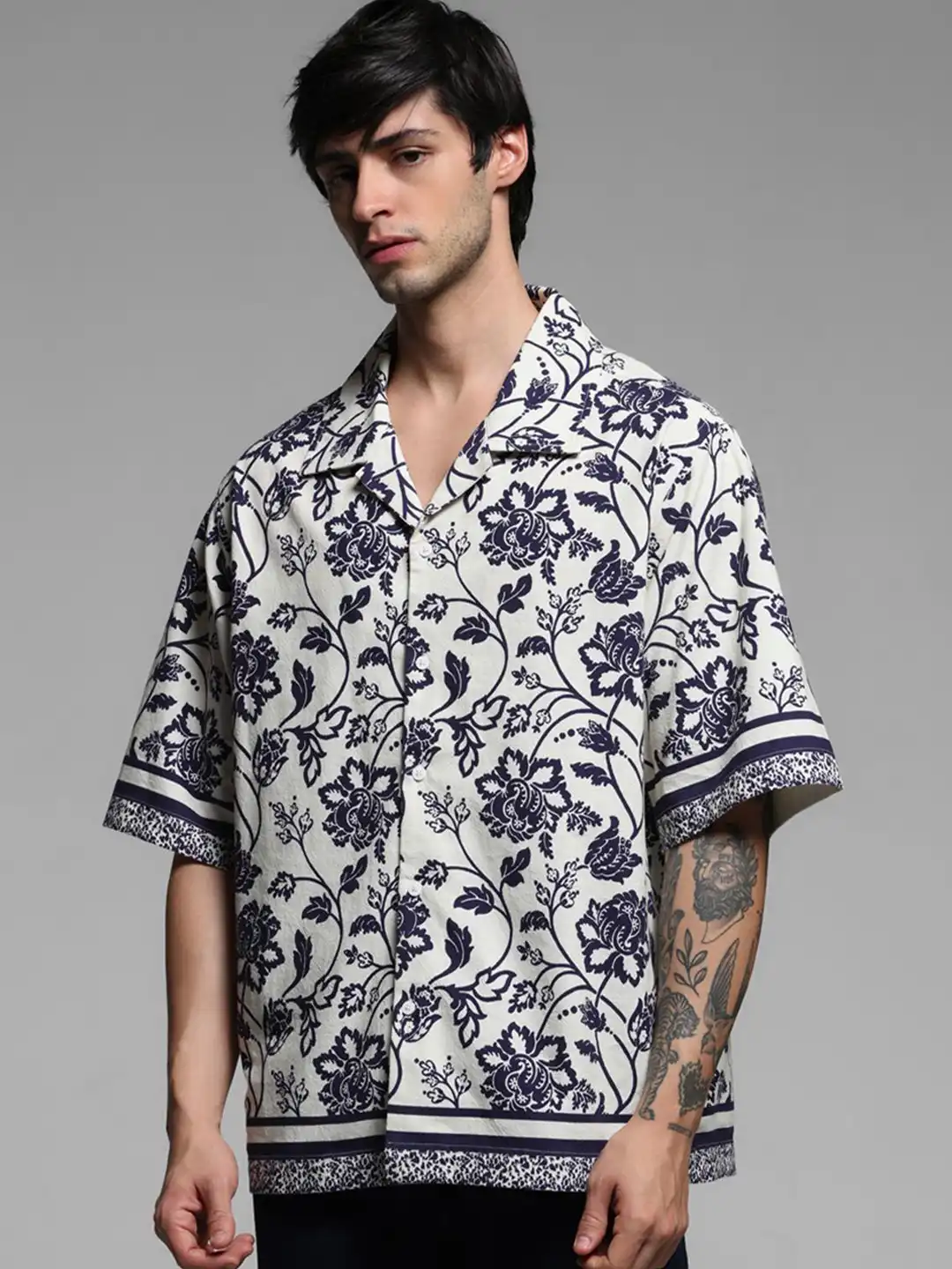 Buy Jack & Jones Men Cuban Collar Floral Printed Cotton Oversized