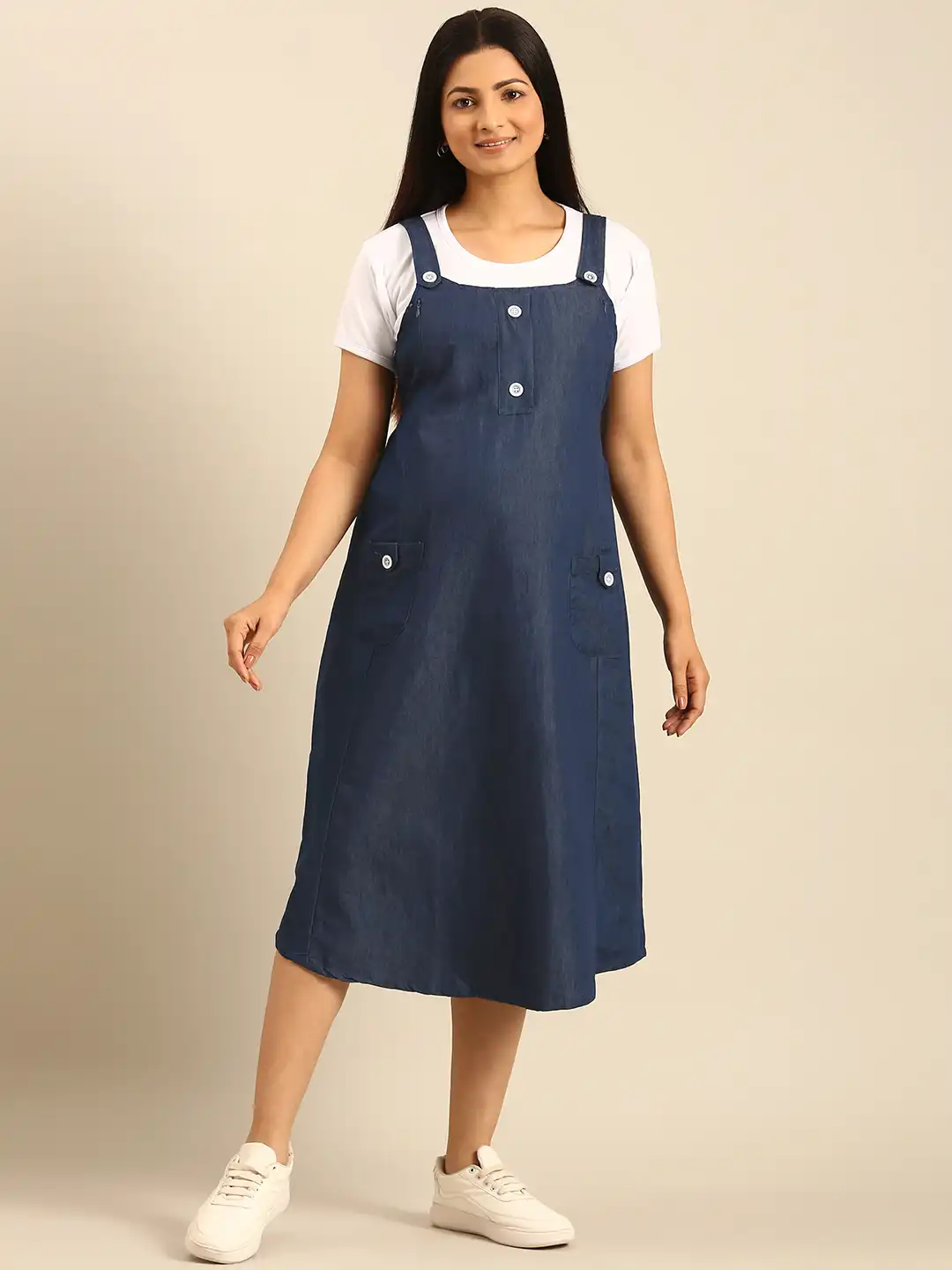 denim maternity pinafore dress The Kiley Denim Mini Dress