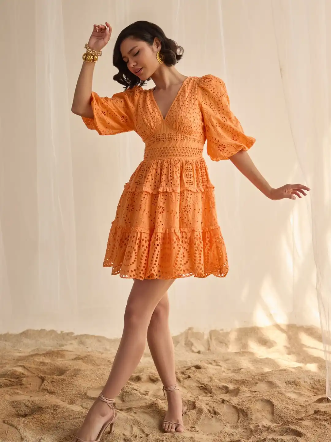 wedding dress fitting denver Sfizio Sand Puff Sleeve Fit and Flare Eyelet Dress – Timeless