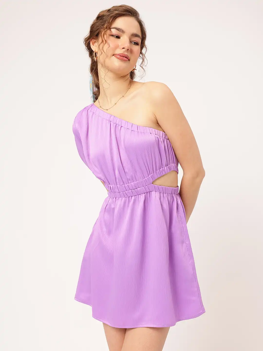 one sleeve cut out mini dress in purple Show choir short patterned dress in metallic purple and fuchsia sequin fabric in a one-sleeve cut