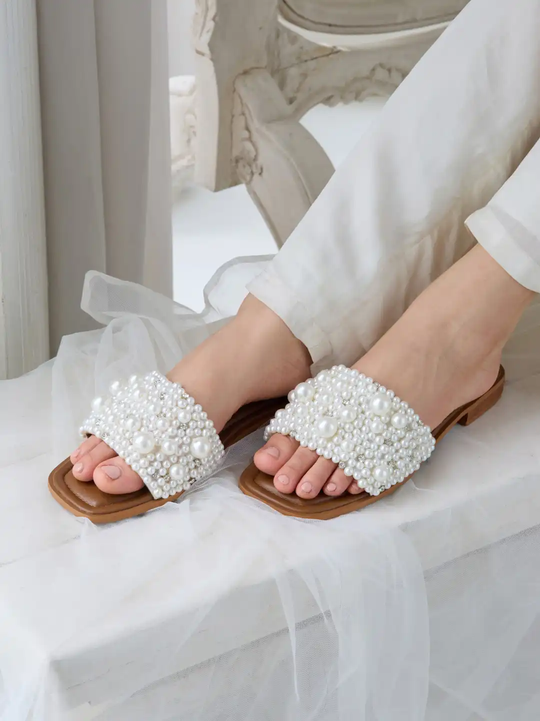 Buy CAI Cluster of Pearls Strap Embellished Open Toe Flats - Flats