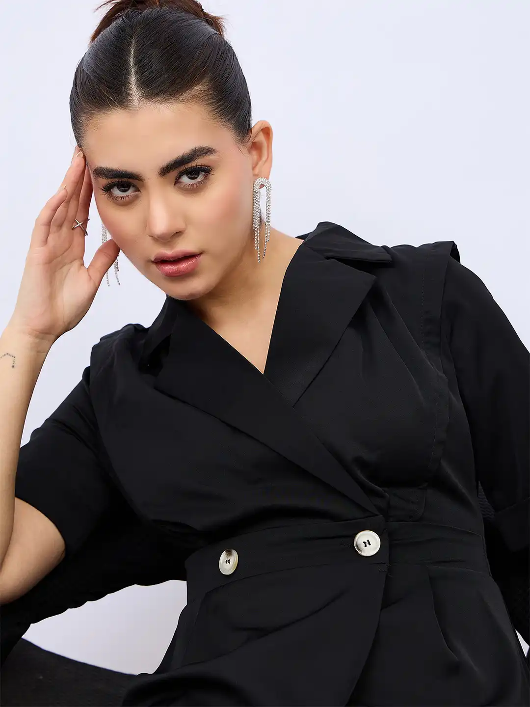 Myntra Womens Black Knee Length Coat Buy Styli Women Black Plain Short  Sleeves Blazer Midi Dress