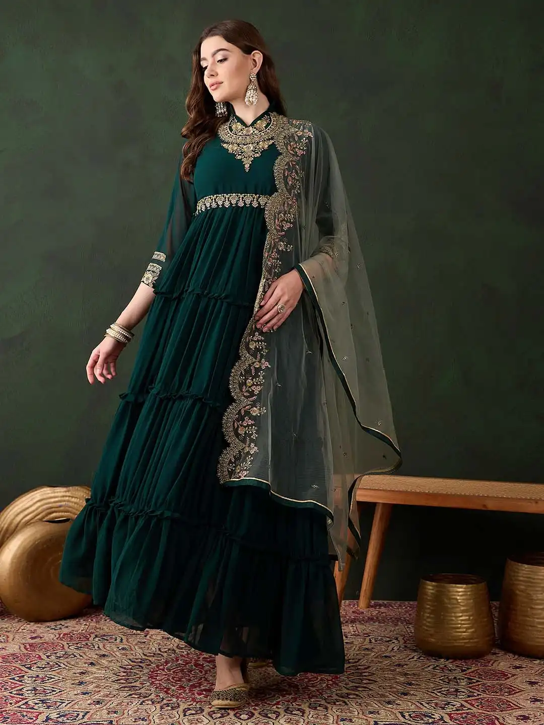 embroidered dress ethnic Brown Ethnic Motifs Printed Midi Dress with Embroidered Pockets – Saffron  Threads main image 0