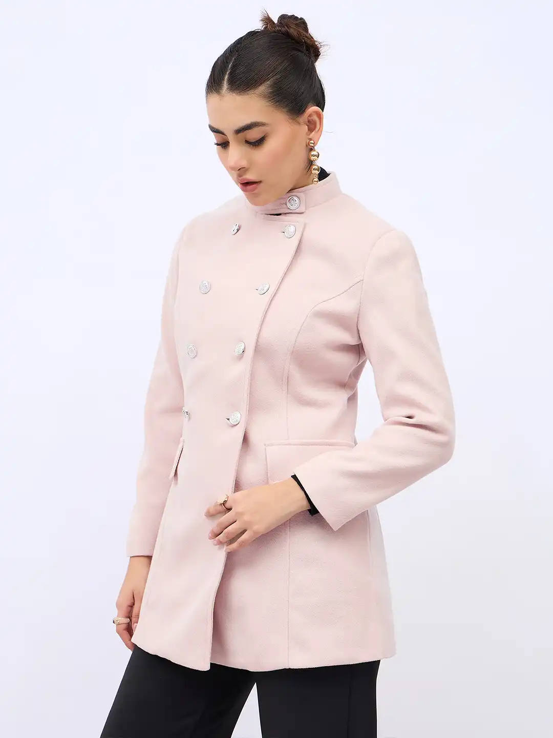 Buy Styli Women Stand Collar Double Breasted Longline Overcoat