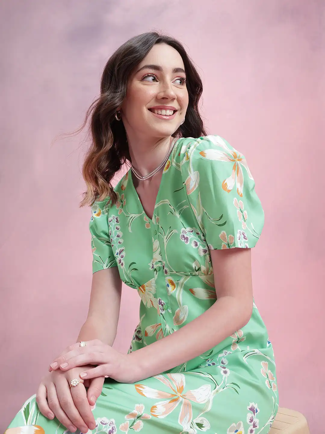 DressBerry Floral Print Puff Sleeves A-Line Midi Dress With Mock Buttons (L) By Myntra