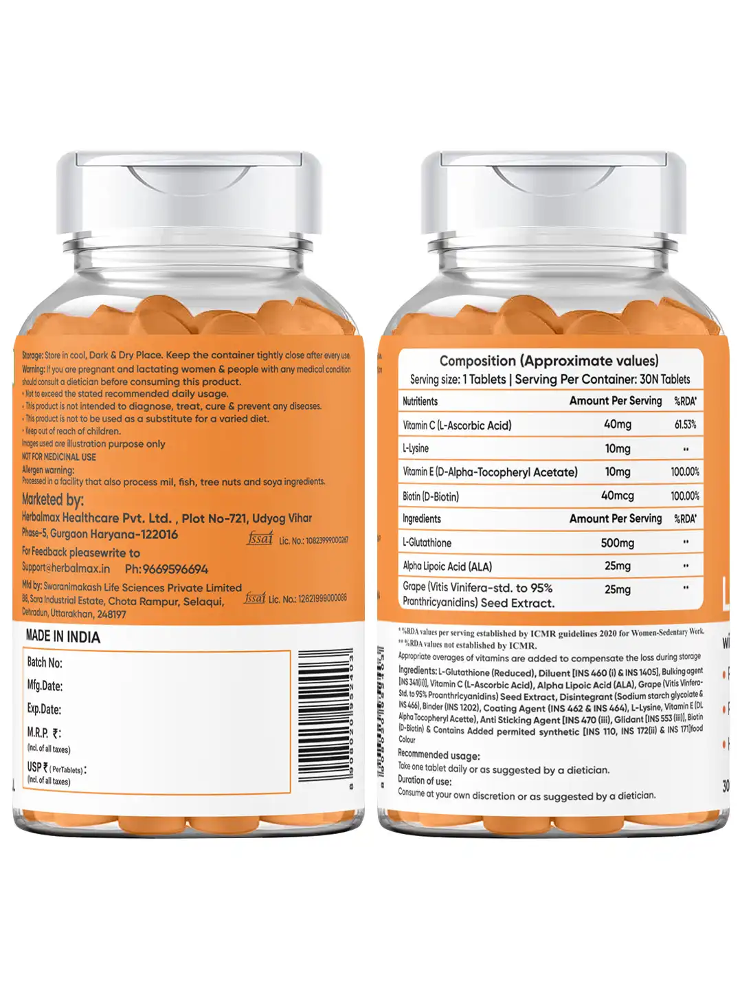 Buy Herbal max L-Glutathione With Vitamin C Tablets - 30 N - Skin  Supplements for Unisex 31569773