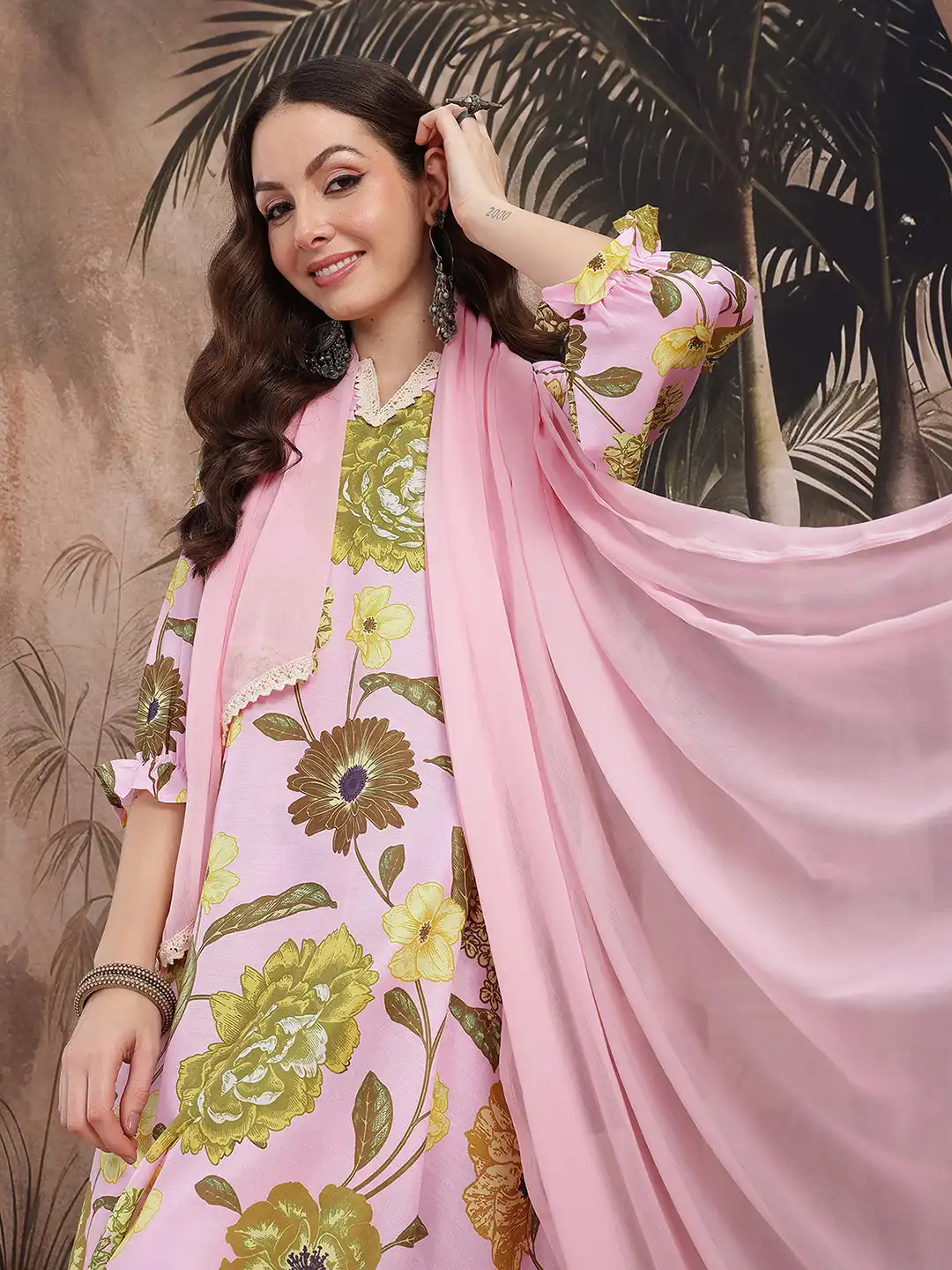 Buy Sangria Floral Print Crochet Lace Detail Kurta with Tulip