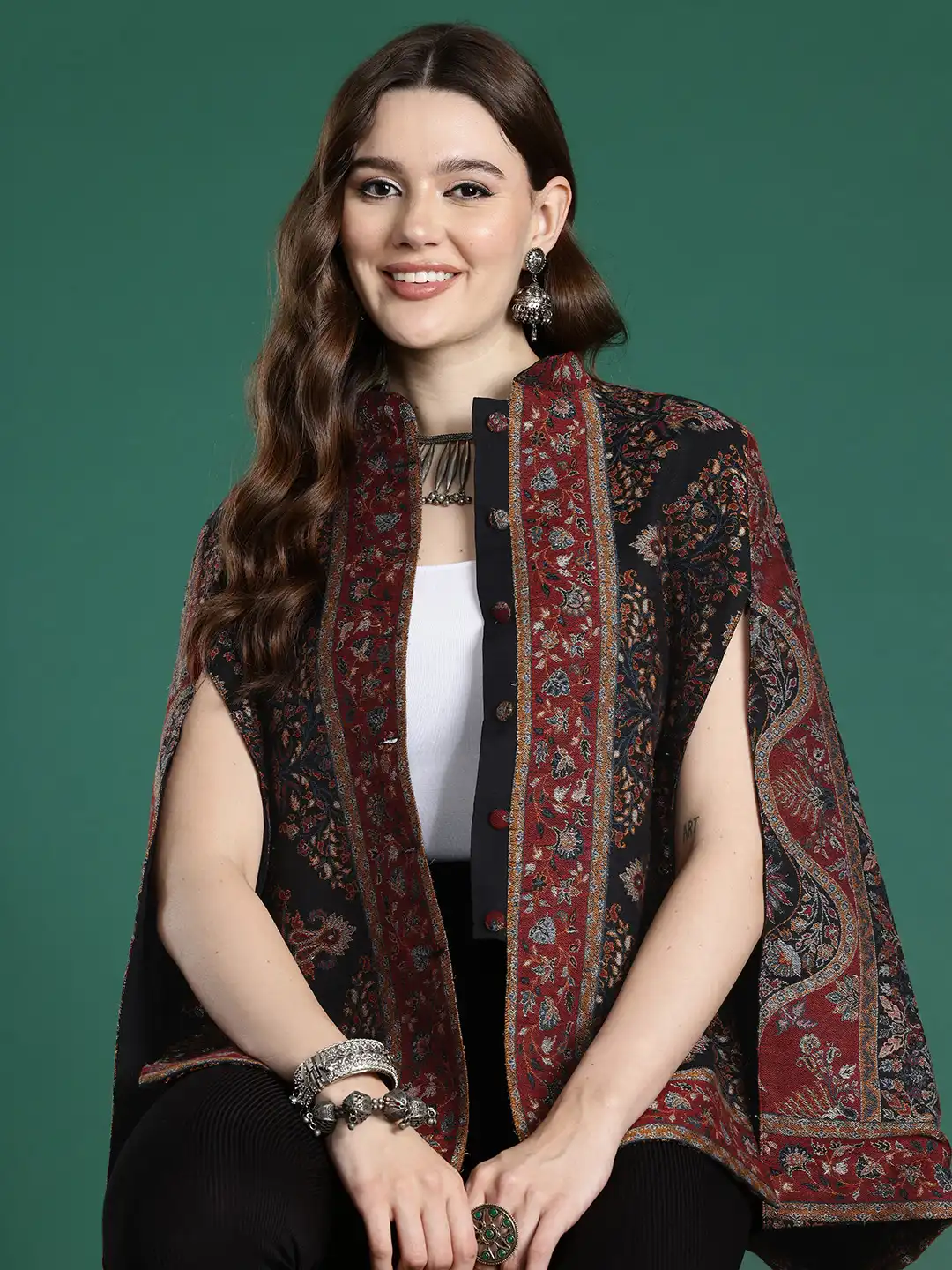 Buy Sangria Floral Woven Design Cape Jacket - Jackets for Women
