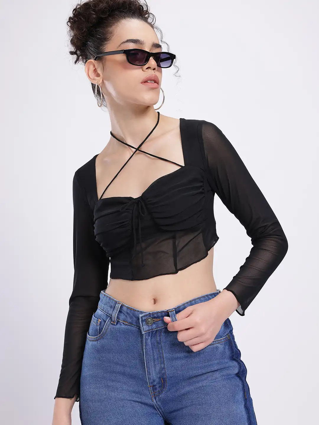 Buy glitchez Criss-Cross Neckline Tie-Up Ruched Net Corset Crop