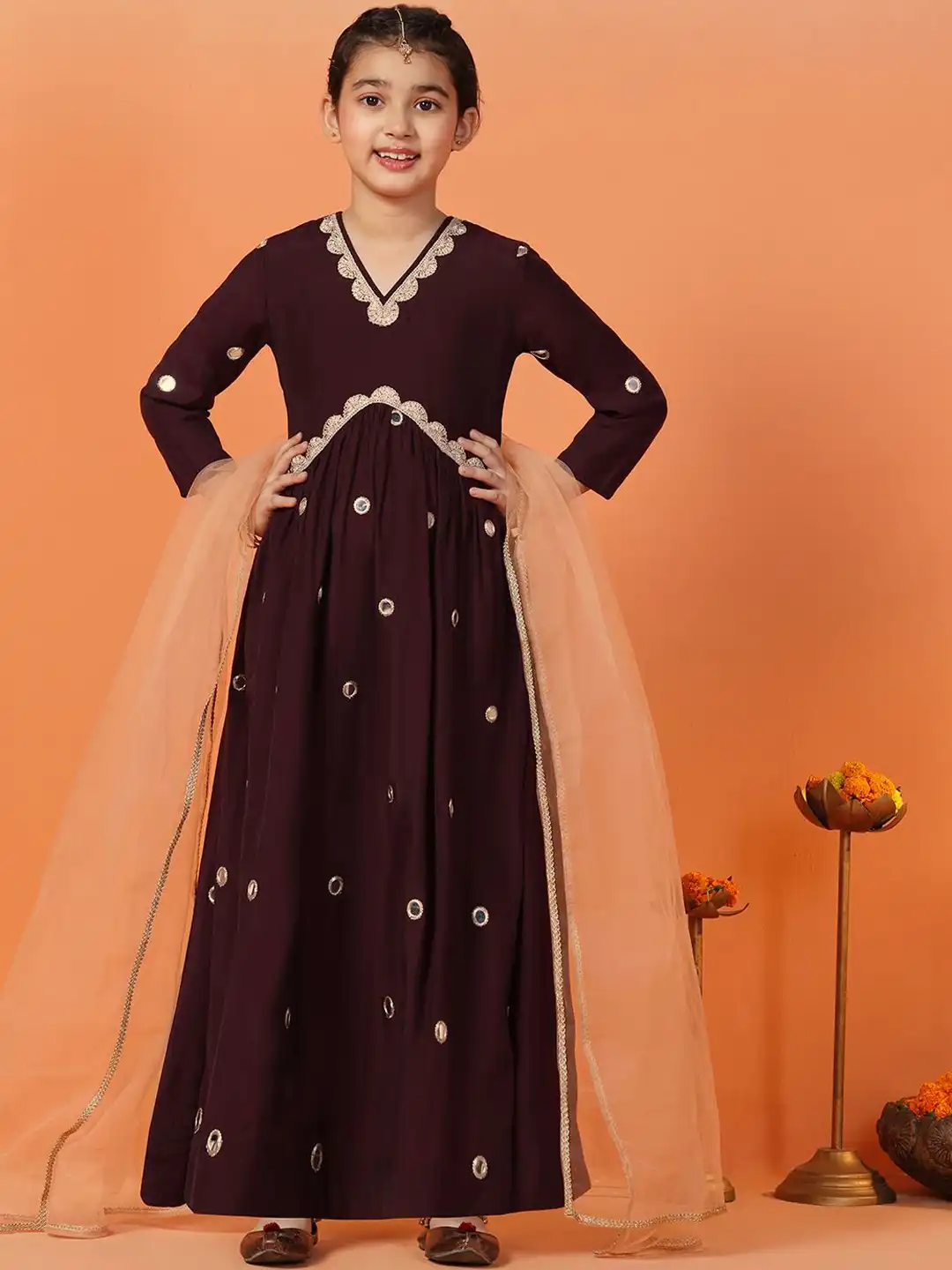 lip color for burgundy dress Brown & Cream-Coloured Ethnic Motifs Dress main image 0