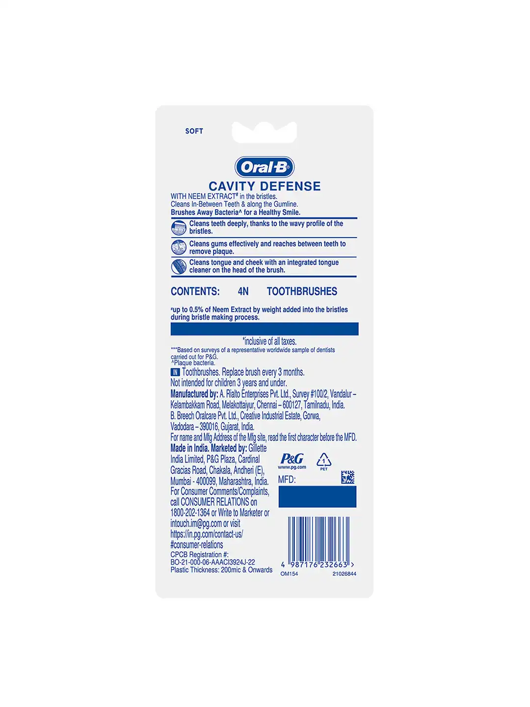 Buy Oral - B Set of 4 Cavity Defense 123 Toothbrush with Neem