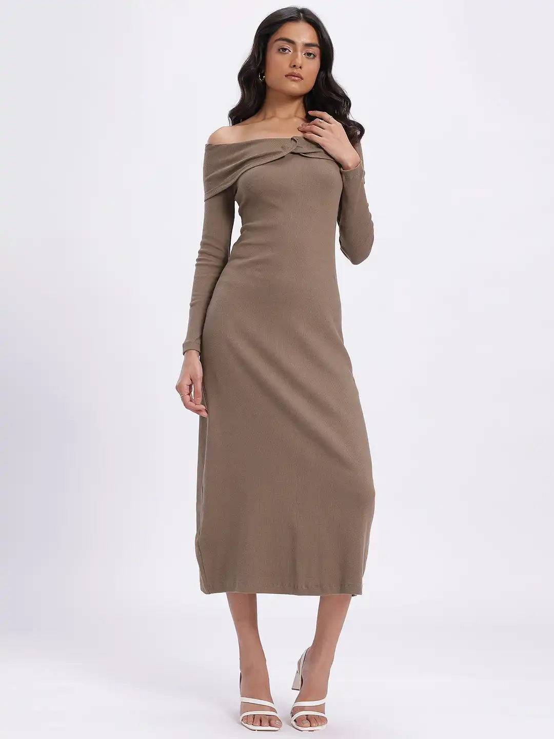 Buy glitchez Ribbed Off-Shoulder Midi Shift Dress - Dresses for