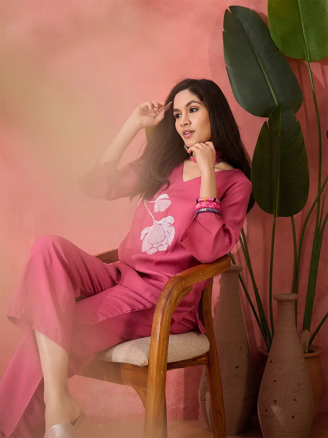 Buy Sangria Floral Embroidery Top With Trousers Co-Ords - Co-Ords