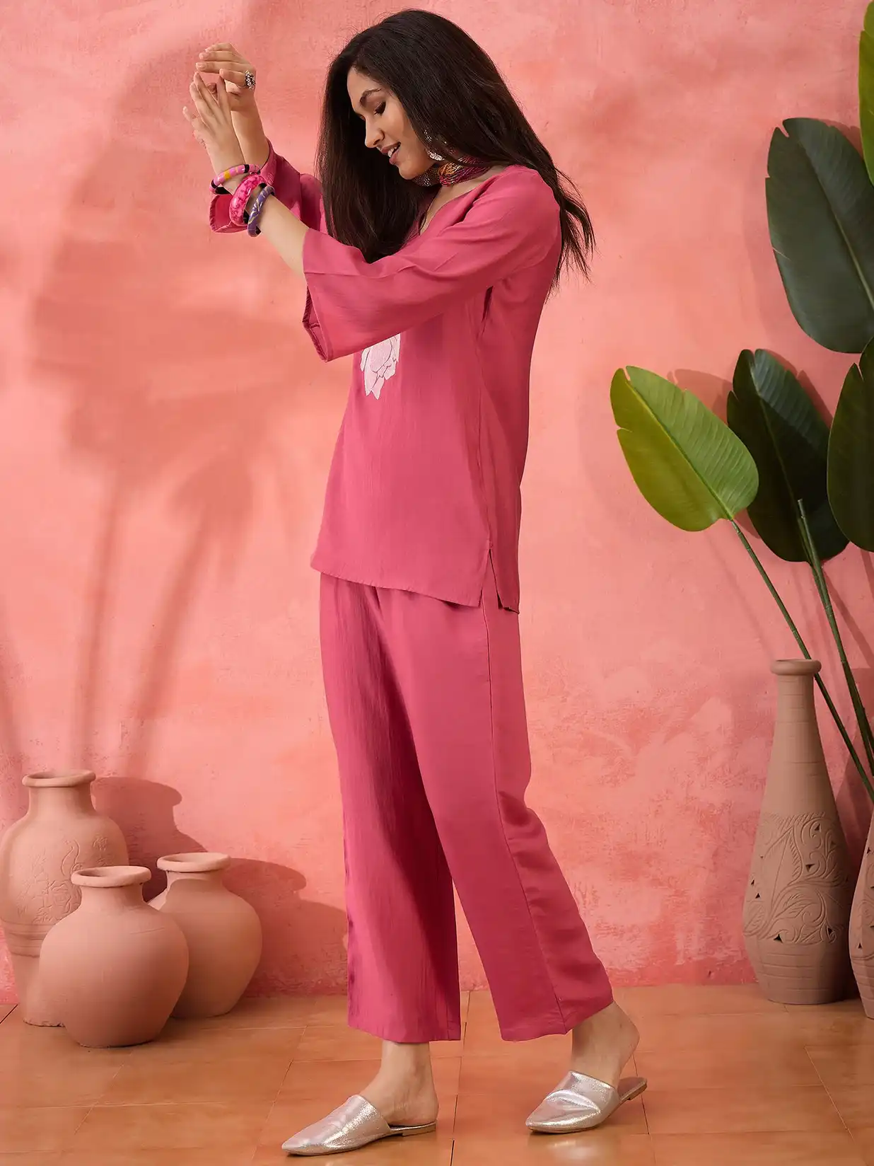 Buy Sangria Floral Embroidery Top With Trousers Co-Ords - Co-Ords