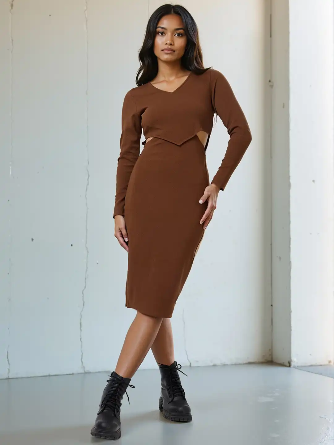 womens bodycon midi dress Coral Square Neck Wide Straps Ruched Bodycon Midi Dress main image 0