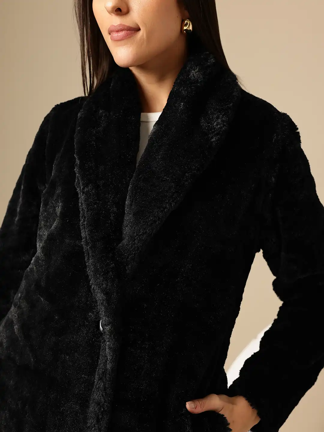 Buy Chemistry Shawl Collar Velvet-Finish Knee Length Regular Fit