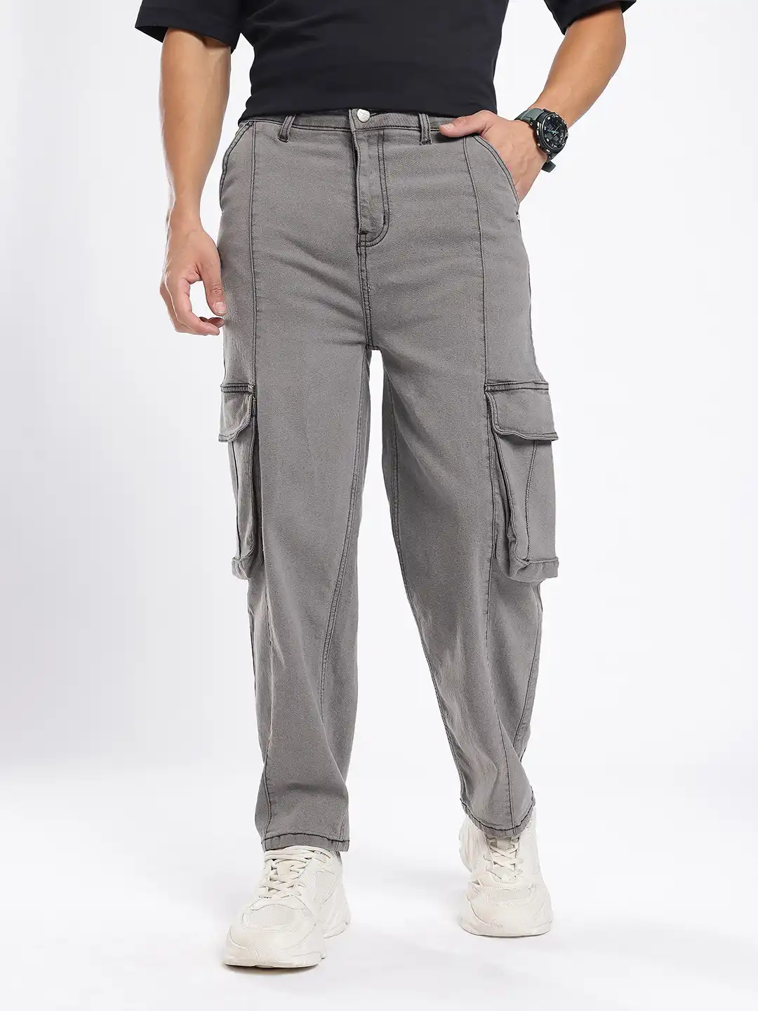 Buy glitchez Men Wide Leg Stretchable Panelling Cargo Jeans