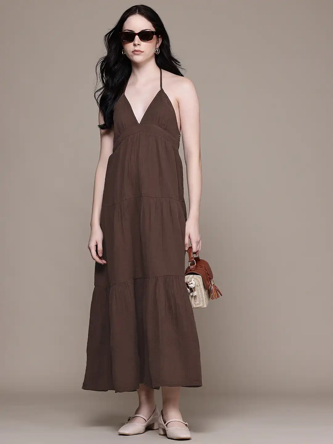 Buy MANGO Crinkled Effect Pure Cotton Shoulder Straps Backless Tiered Maxi  A-Line Dress - Dresses for Women 34482508 | Myntra