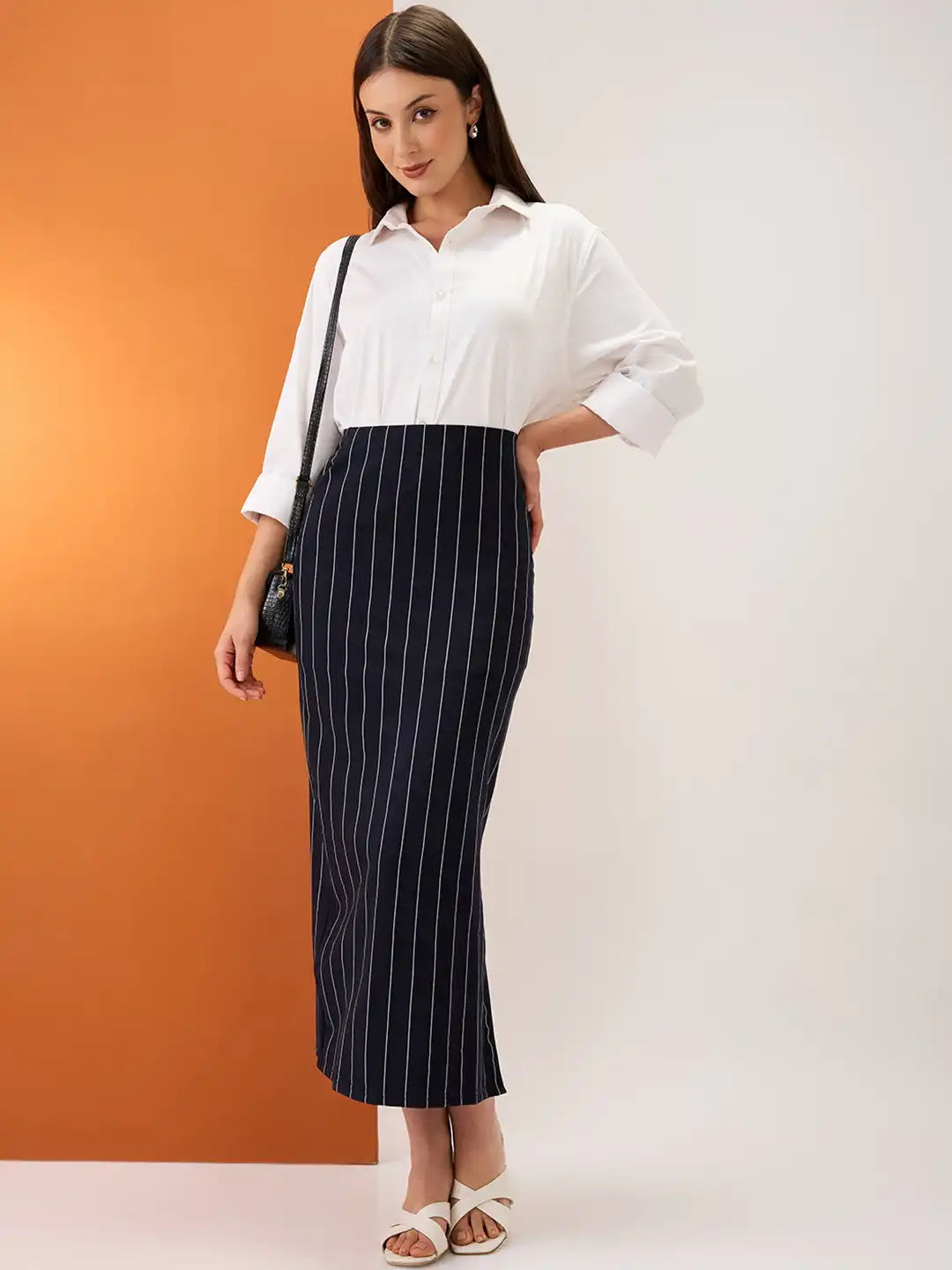 Buy Globus Striped Mid-Rise Stretchable Side Slit Midi Pencil