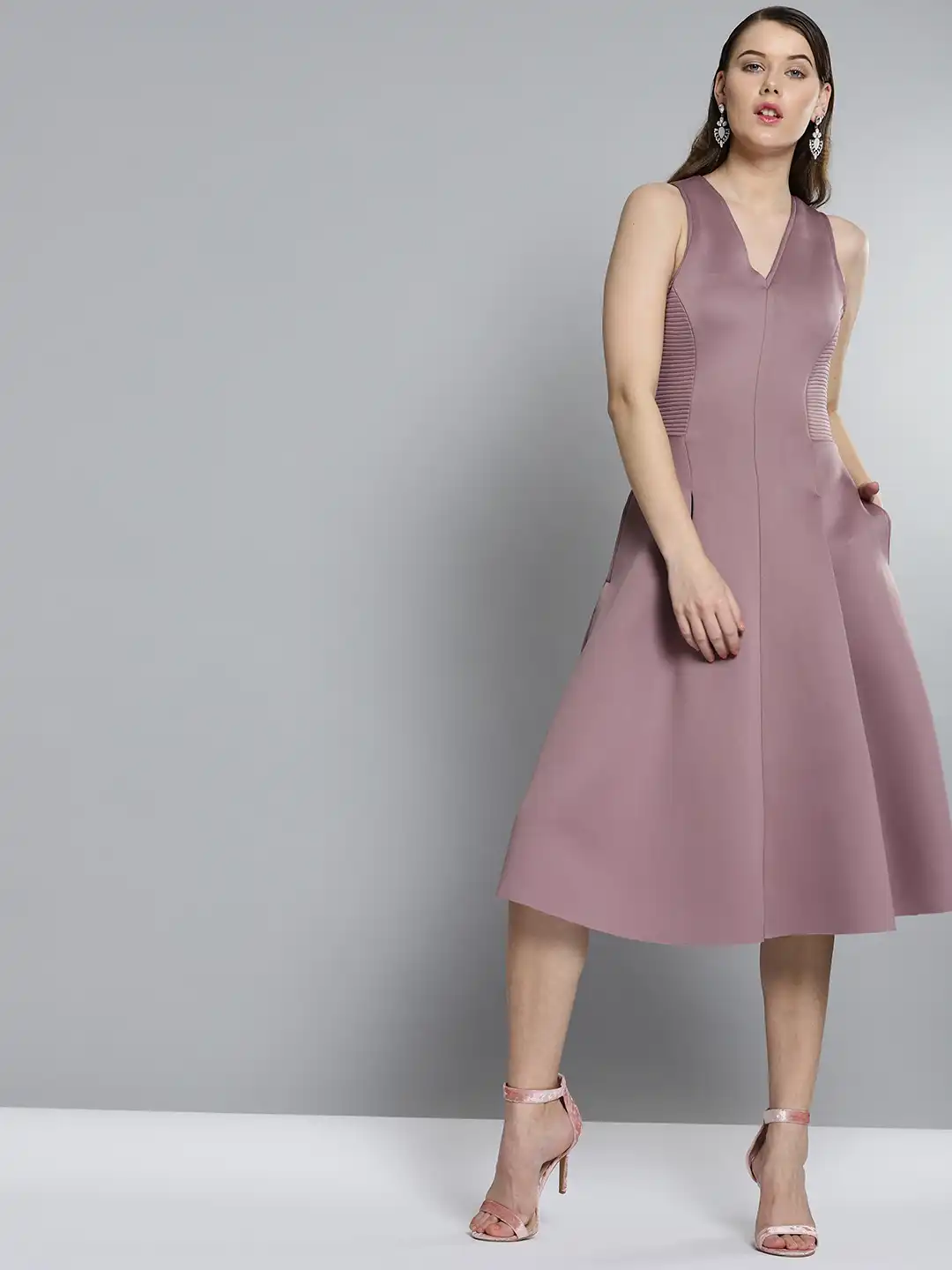 Buy TWELVE AM:PM Women Mauve Solid Midi Fit & Flare Dress - Dresses for  Women 3890364 | Myntra