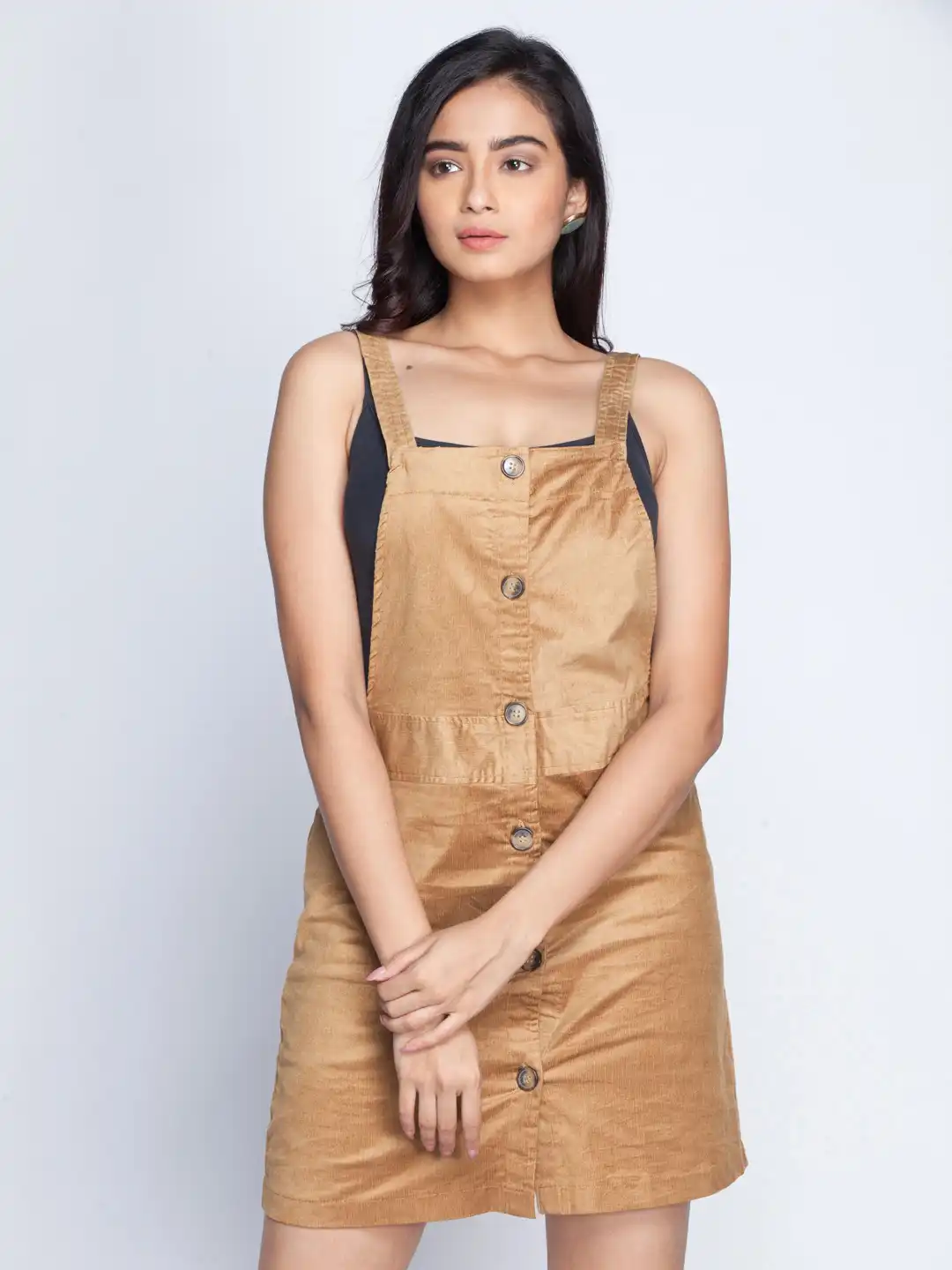 Buy sassystripes Women Beige Solid Pinafore Dress - Dresses for Women  4126477 | Myntra