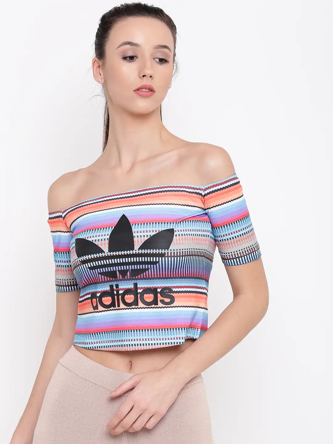 Buy ADIDAS Originals Multicoloured Off Shoulder Striped Crop Top