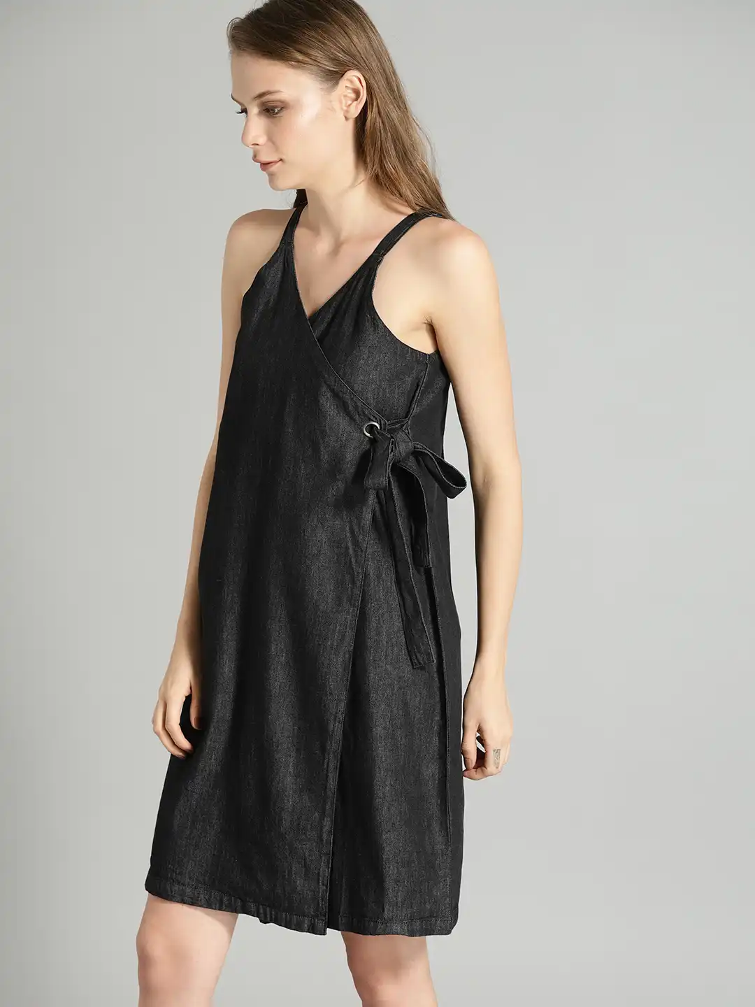 black denim wrap dress boohoo Women's Tall Wrap Front Denim Dress in Washed Black