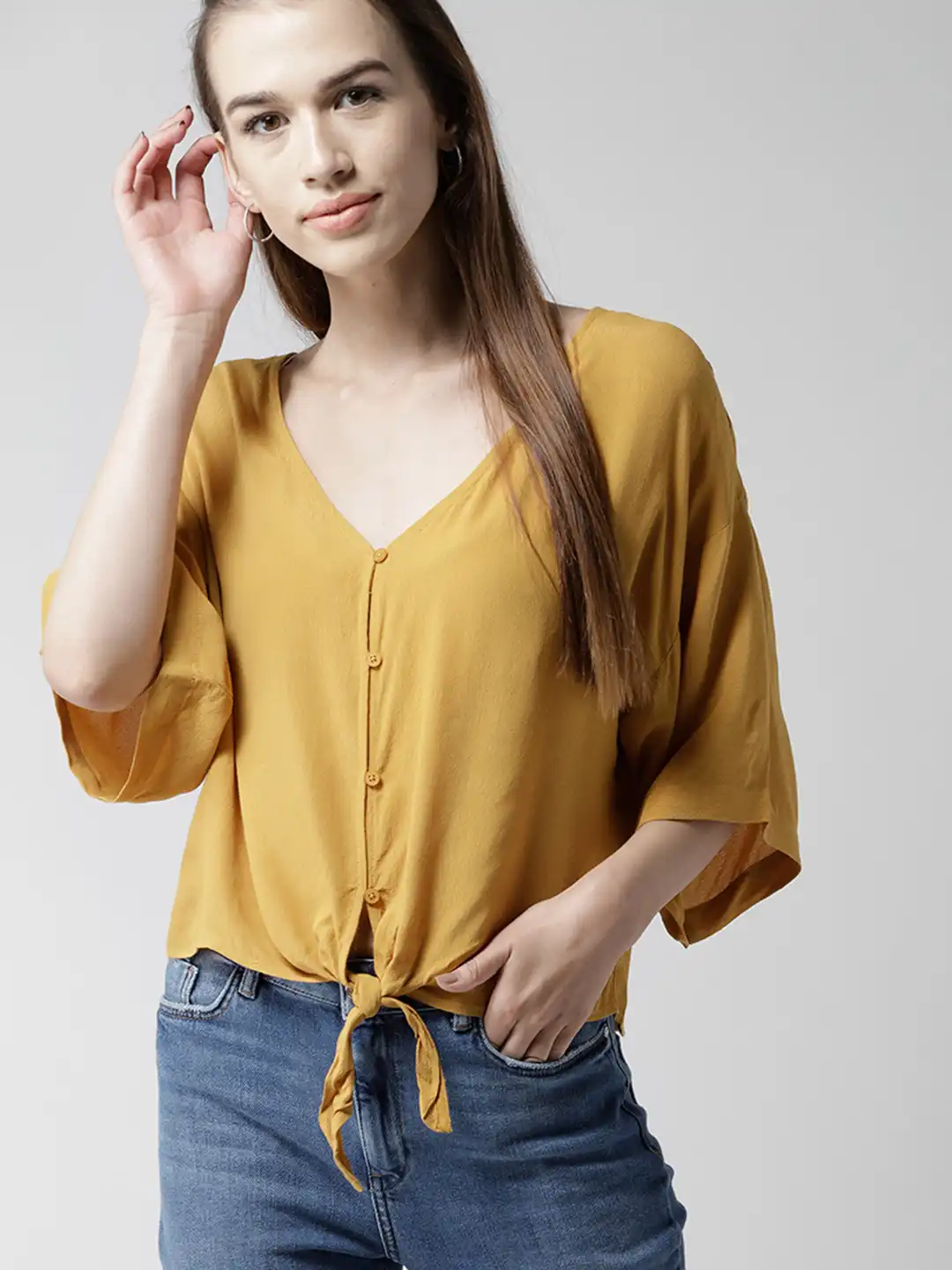 Buy FOREVER 21 Women Mustard Yellow Solid Shirt Style Top - Tops