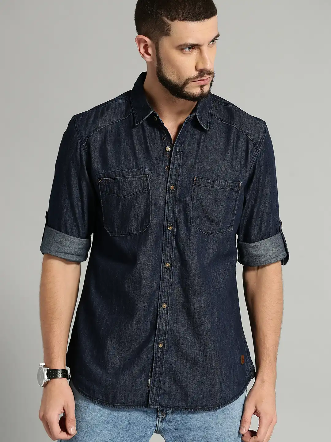 Buy Roadster Men Blue Regular Fit Solid Denim Casual Shirt