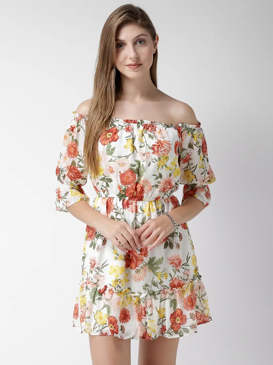 Buy FOREVER 21 Women White & Orange Floral Printed Off-shoulder A-Line Dress  - Dresses for Women 6932167 | Myntra
