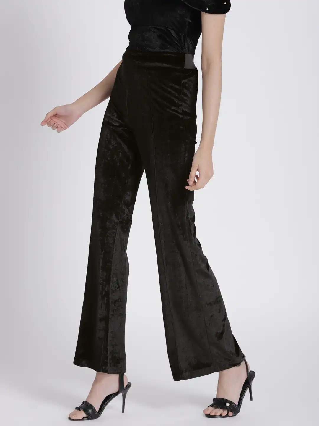 Buy SASSAFRAS Women Black Velvet Bell Bottom Trousers - Trousers