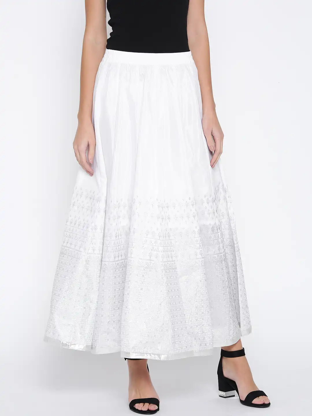 Buy AURELIA White & Silver Printed Maxi Flared Skirt - Skirts for