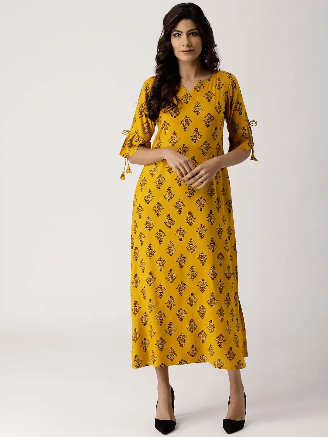 mustard yellow a line dress Mustard Wellow Floral Print A Line Pure Cotton Maxi Dress For Women – Label  Madhuri Thakkar main image 0