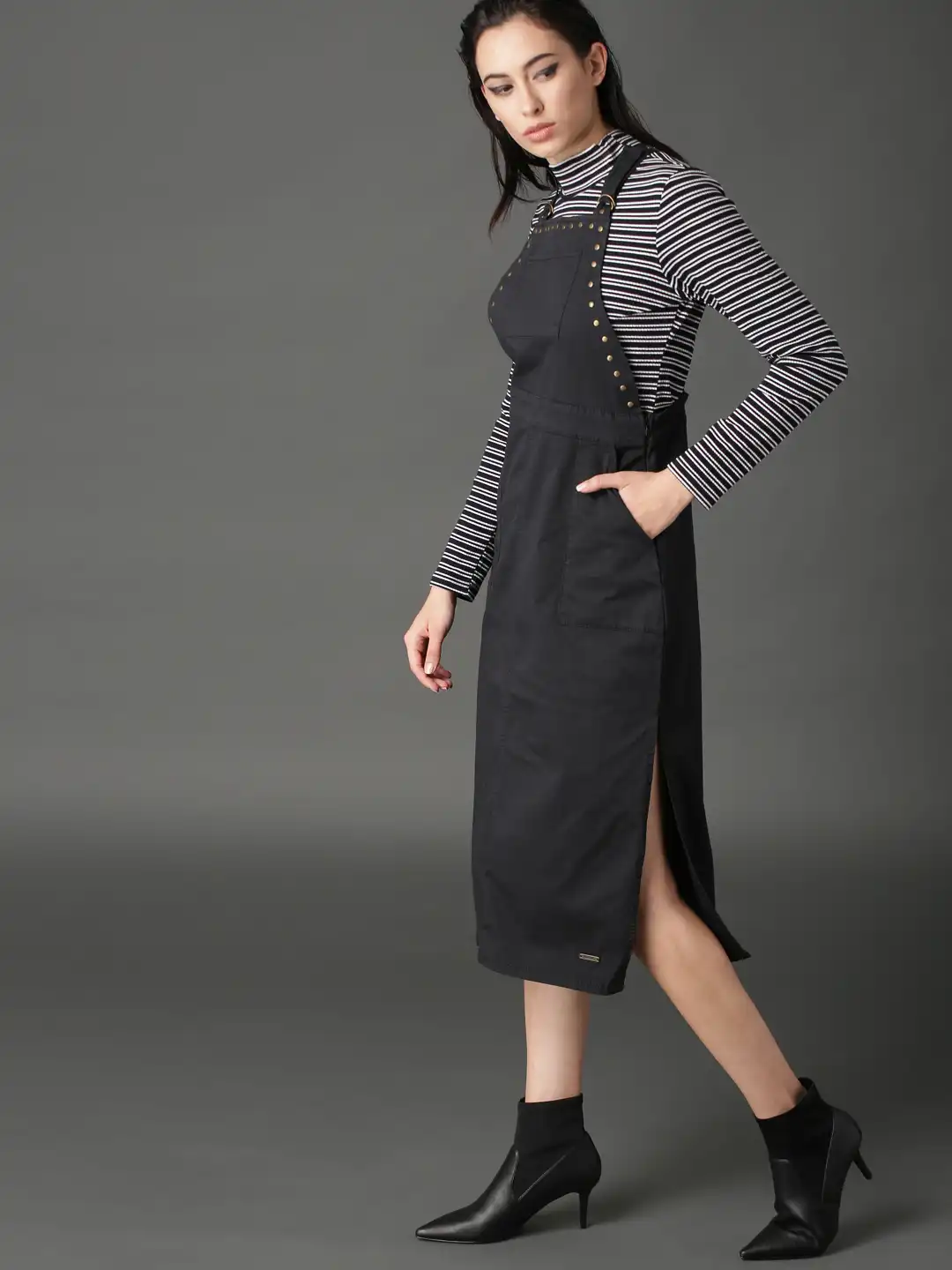 Buy Roadster Women Black Solid Midi Dungaree Dress with Studs - Dresses for  Women 7370278 | Myntra