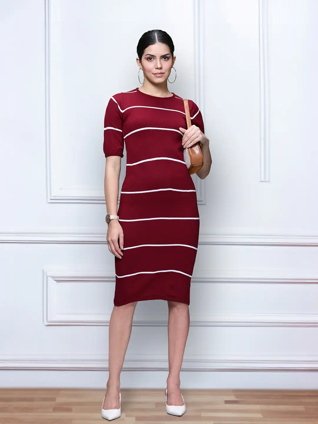 burgundy striped dress Burgundy All Pleats Long Sleeve Chiffon Dress – shopaleena main image 0