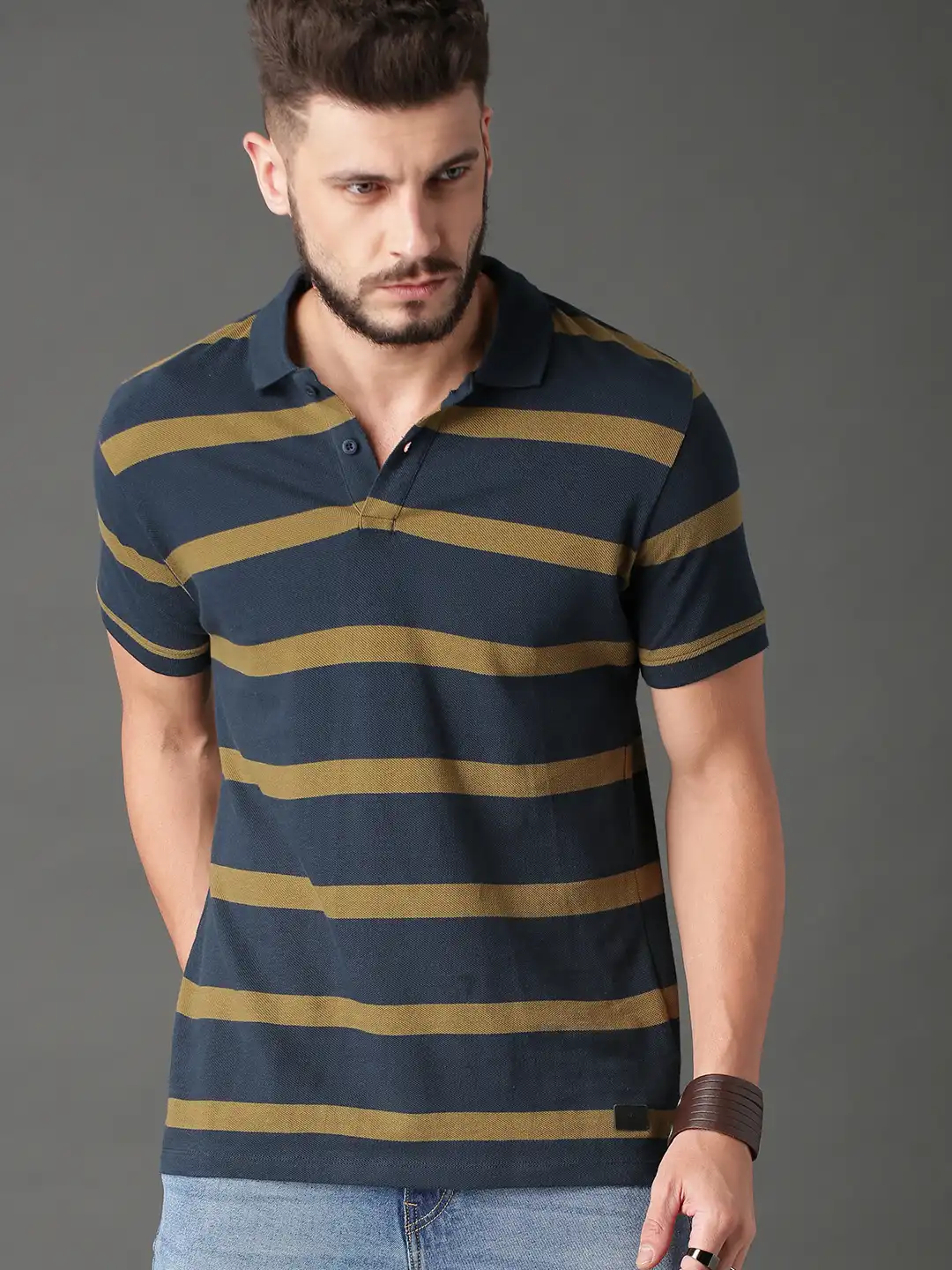 Buy Roadster Men Navy Blue Olive Green Striped Polo Collar Pure