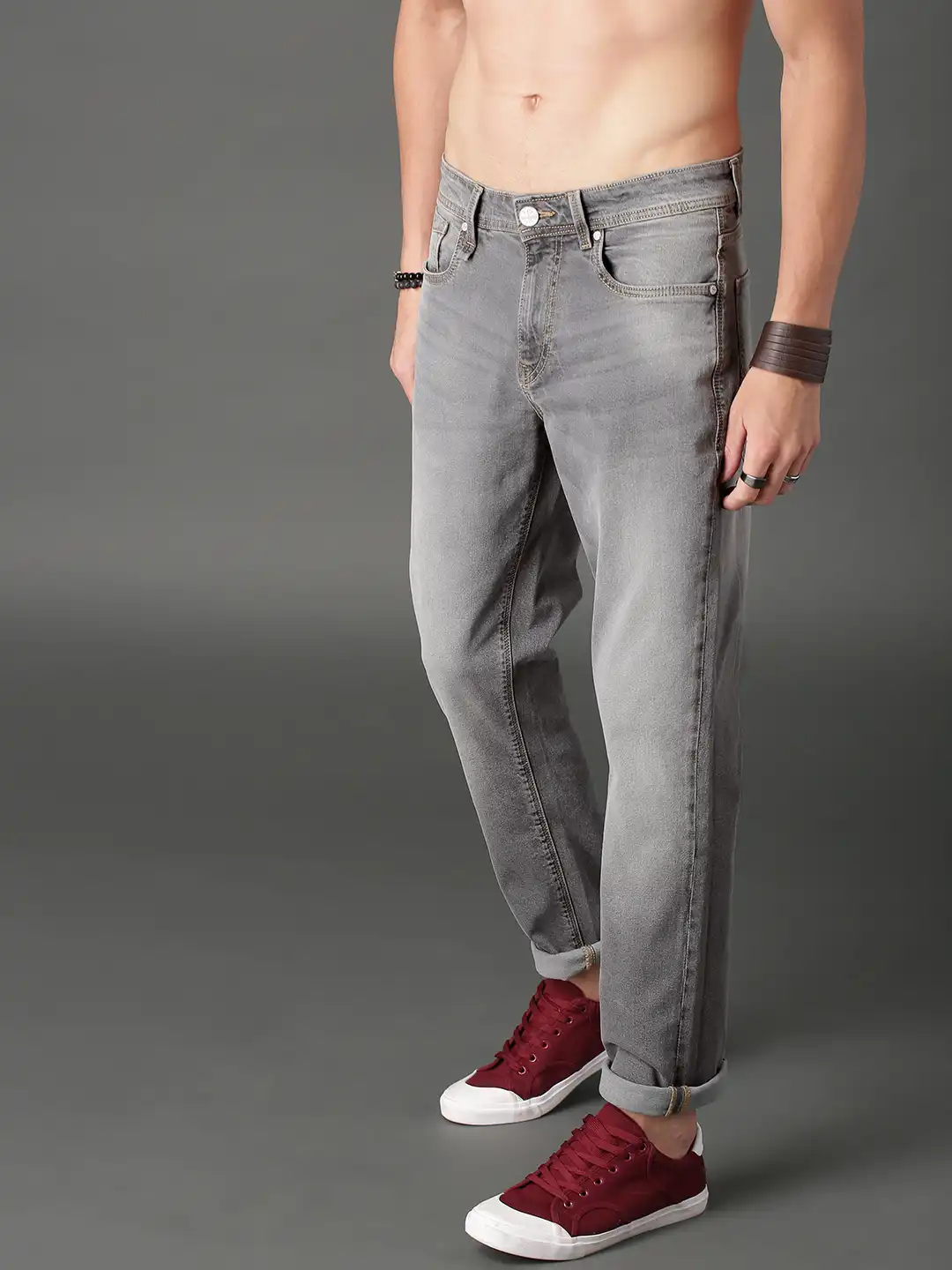 Buy Roadster Men Grey Slim Tapered Fit Mid-Rise Clean Look