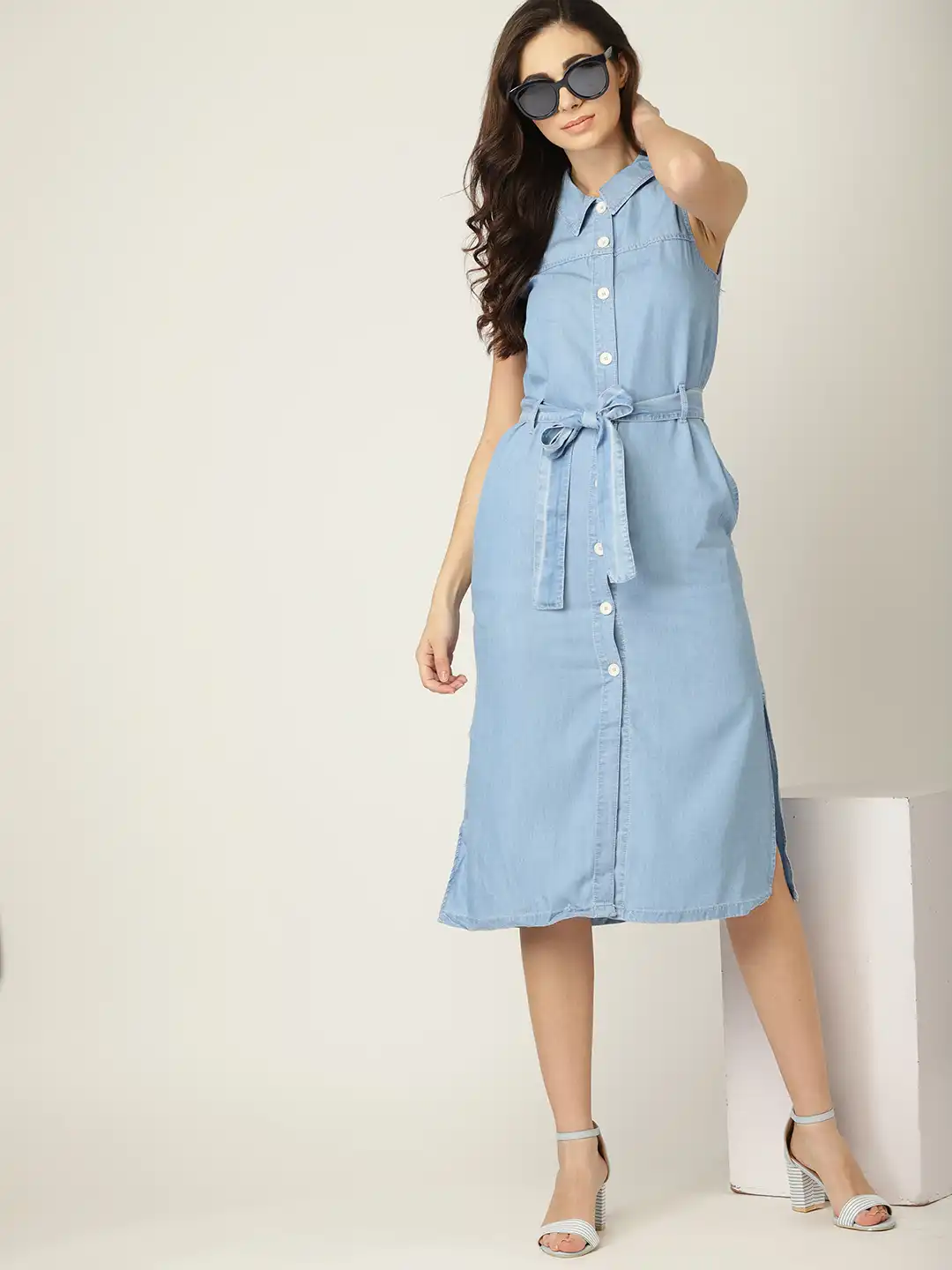 mango blue shirt dress Striped shirt dress with knot - Women