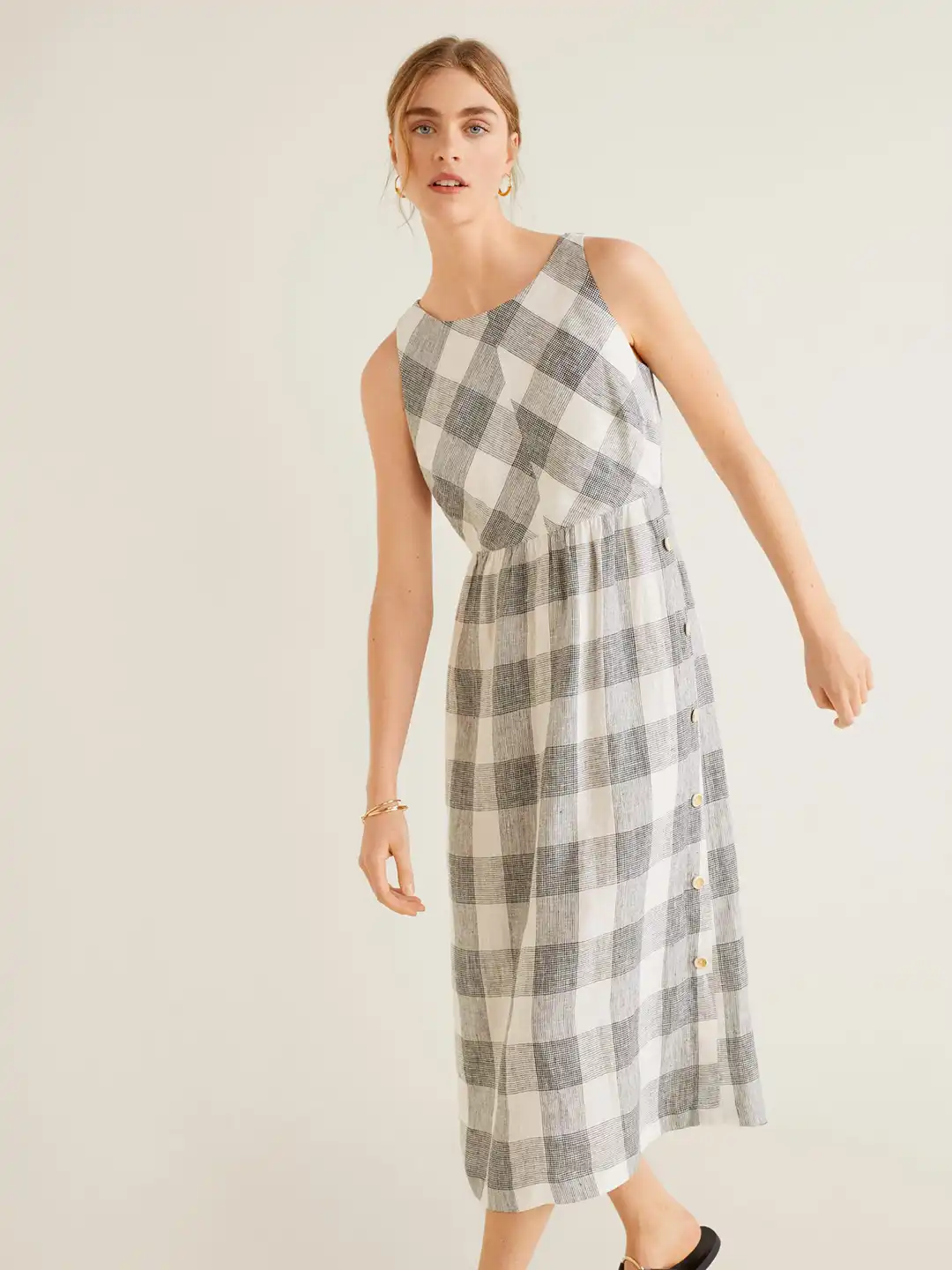 mango checked linen dress MANGO Casidy Checked Asymmetrical Midi Dress
