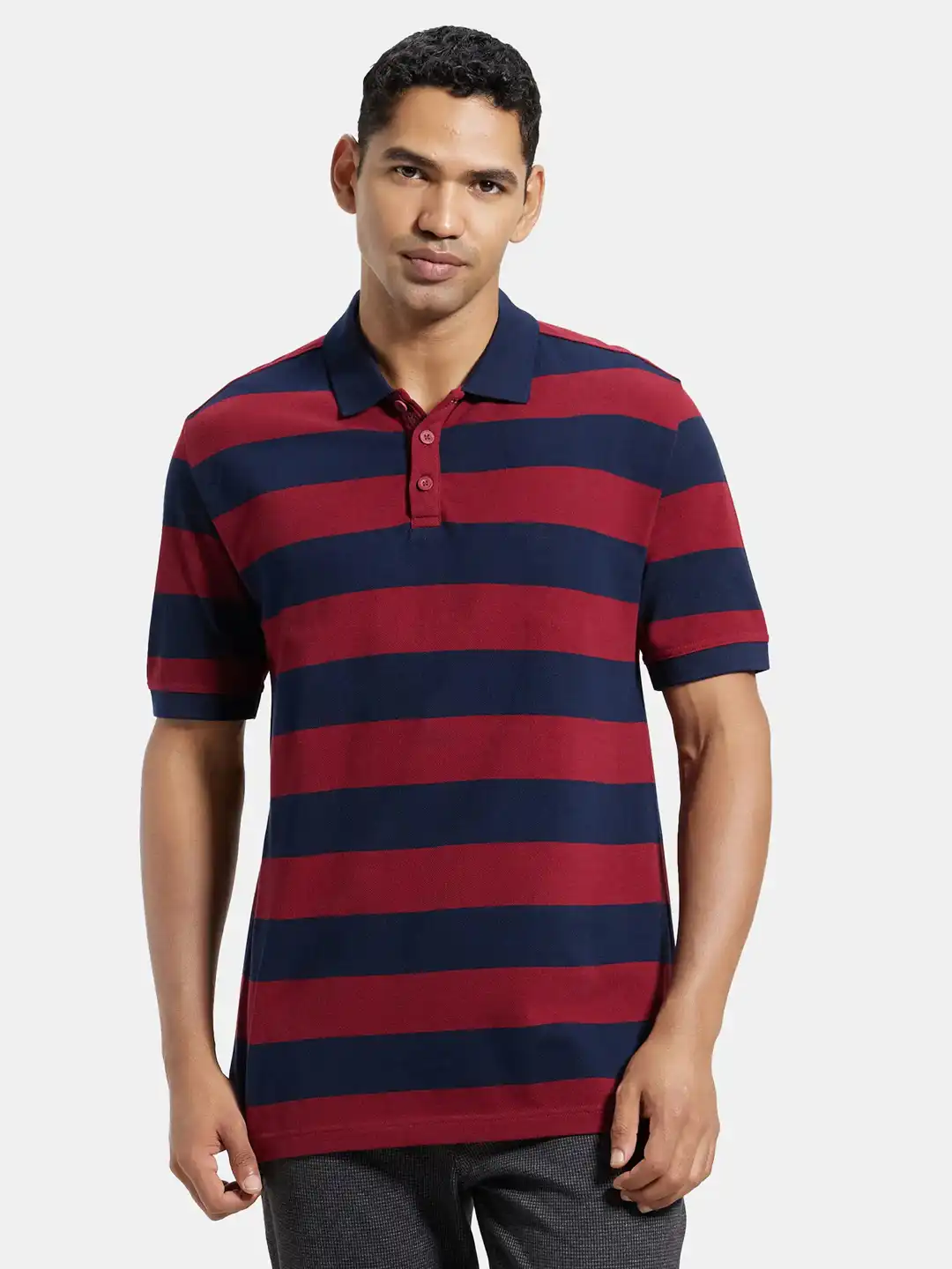 Buy Jockey Men Navy Blue Maroon Striped Polo Collar Pure Cotton T