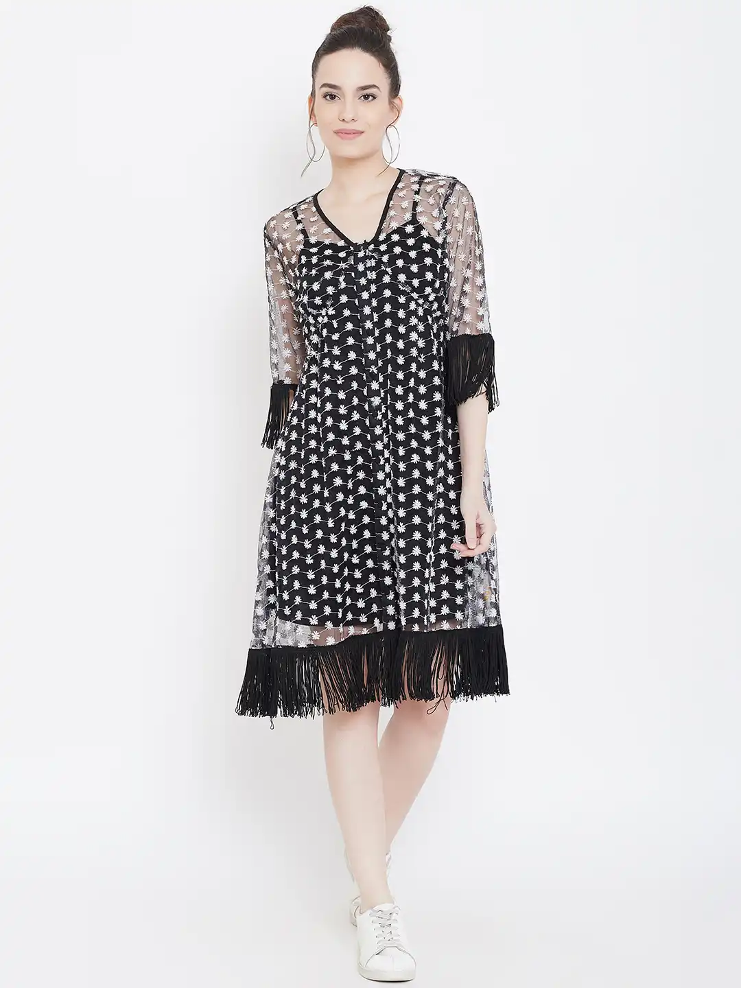 Buy LA LOFT Women Black & White Embroidered Semi-Sheer A-Line Dress -  Dresses for Women 9954373 | Myntra