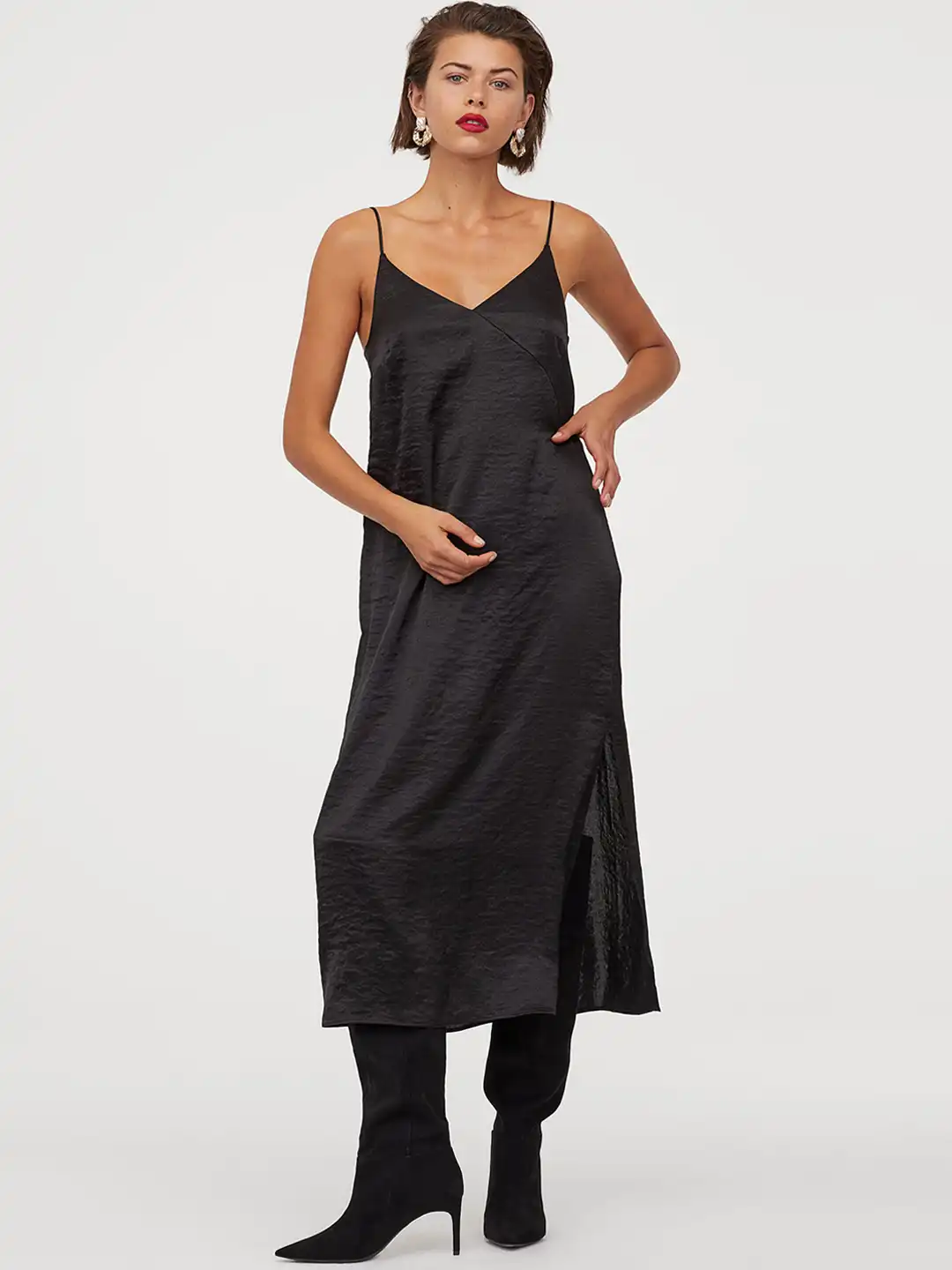 black slip dress h&m Women's Black Lace-trimmed slip dress