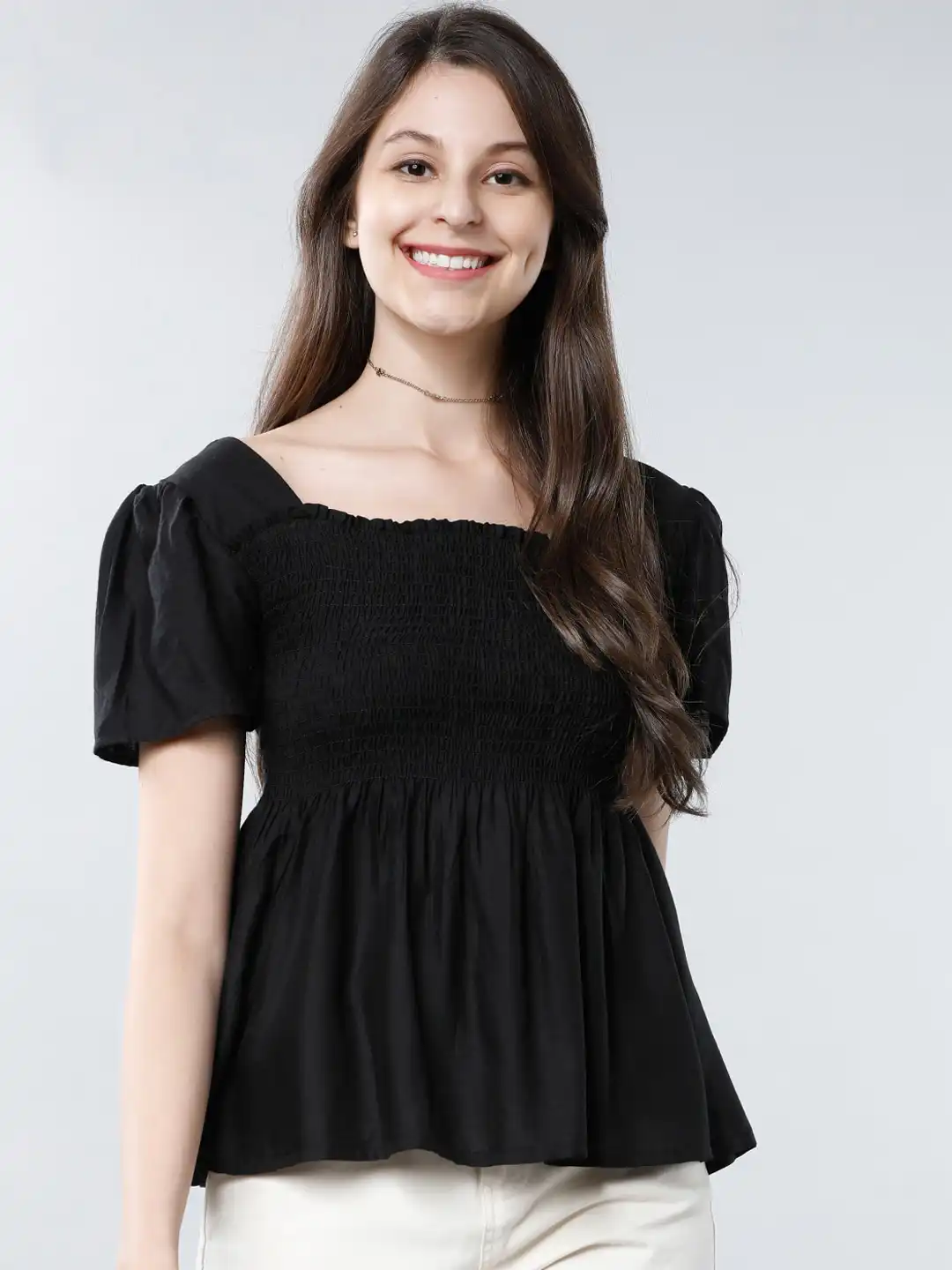 anuke Buy Smocked Tops Peplum Tokyo Ribbon Black Talkies Peplum